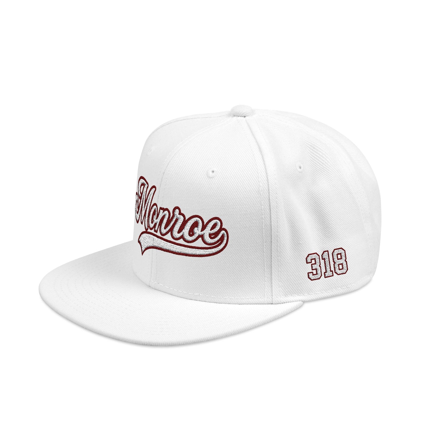 Monroe white script embroidered snapback hat with 318 side stitch – 318 Supply Co.