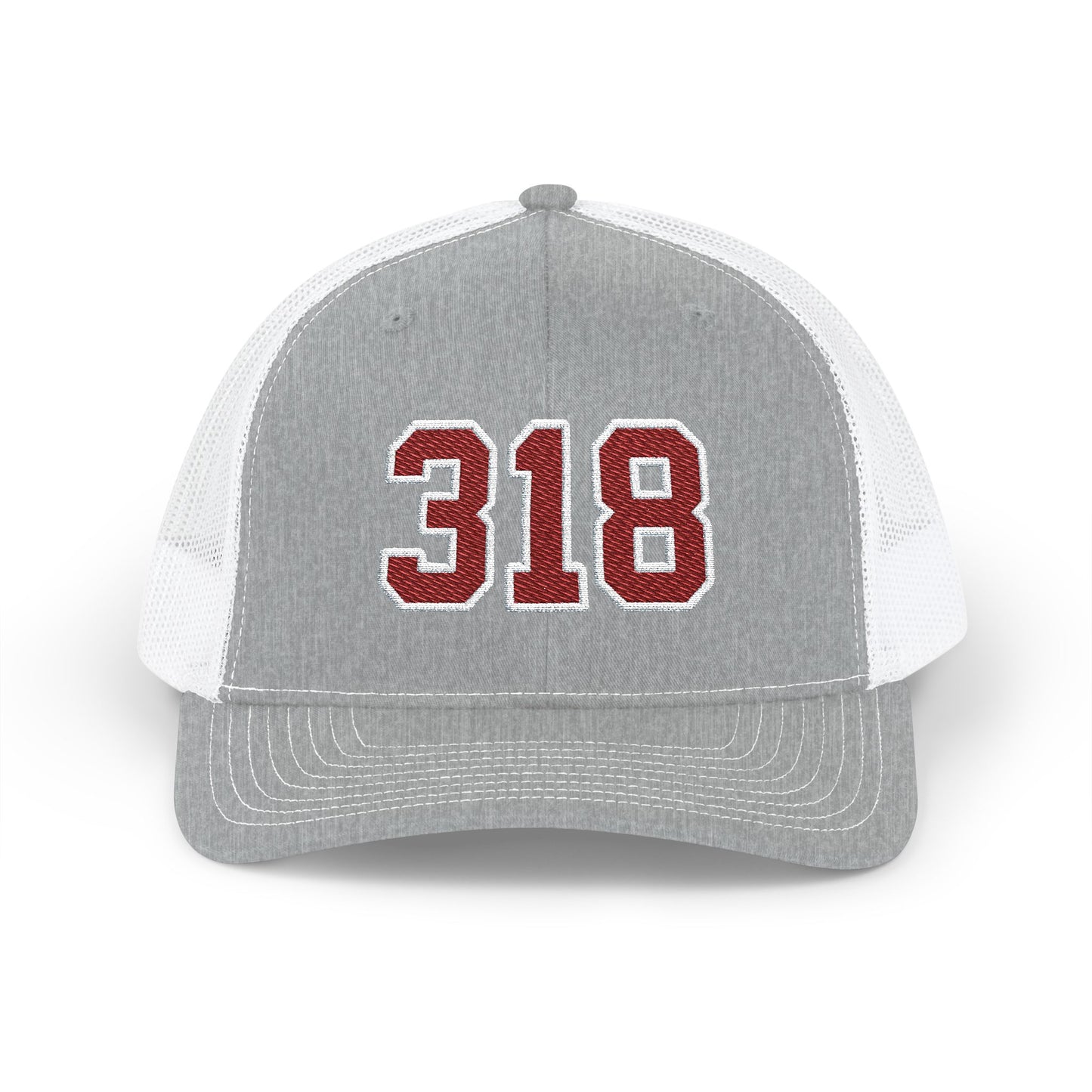 Gray and white cap with maroon and white '318' on a white background