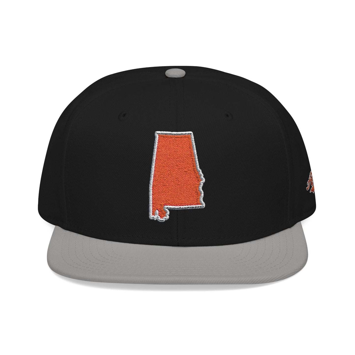 Black cap with gray brim with orange outline of Alabama on a white background
