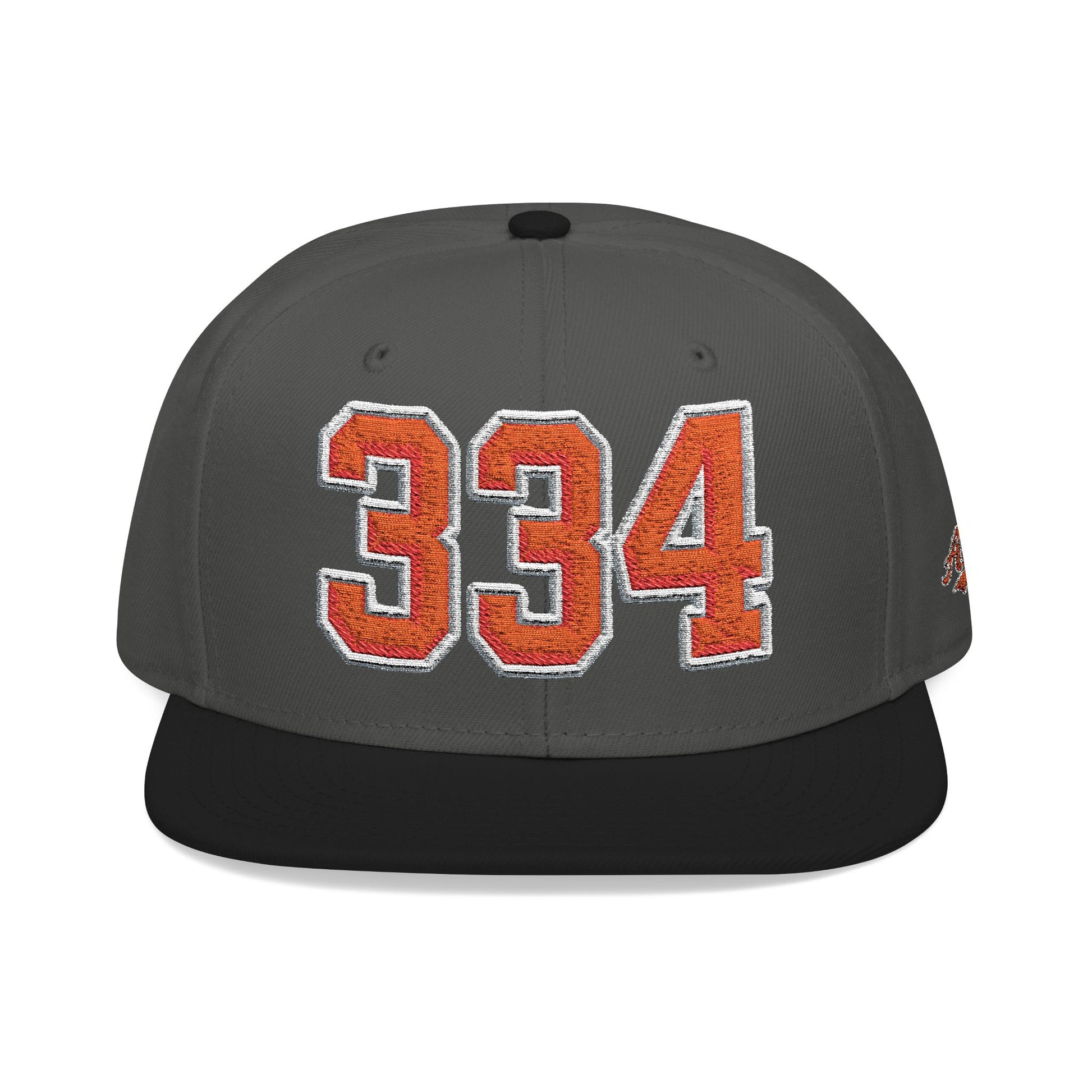 Gray and black cap with orange and white '334' on a white background