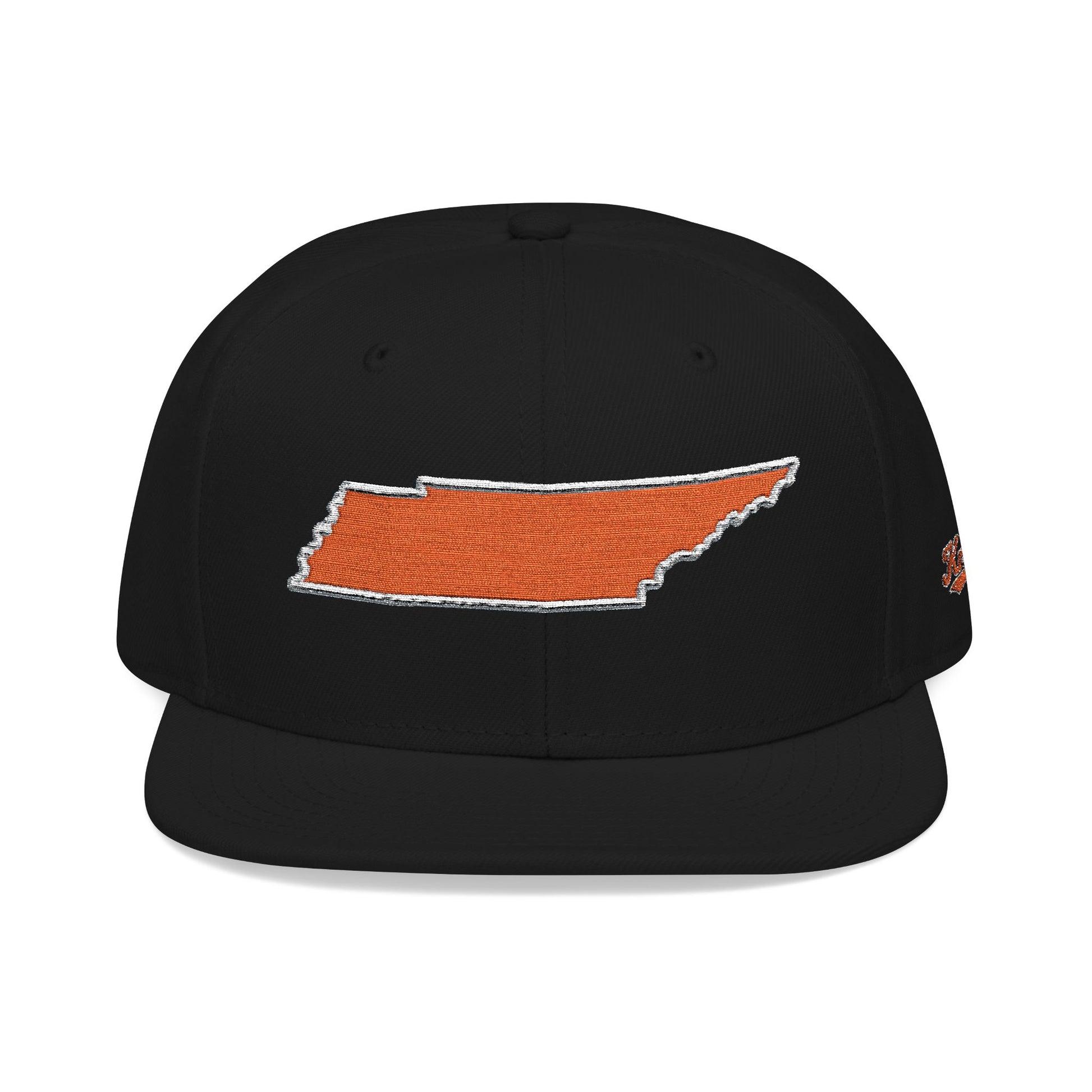 Black cap with an orange and white outline of Tennessee on a white background