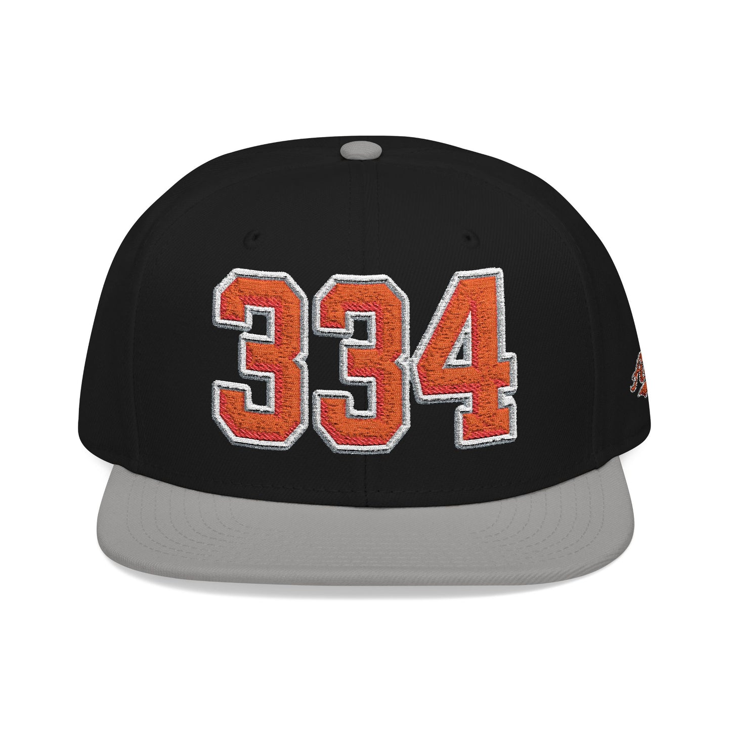 Black and gray cap with orange and white numbers '334' on a white background