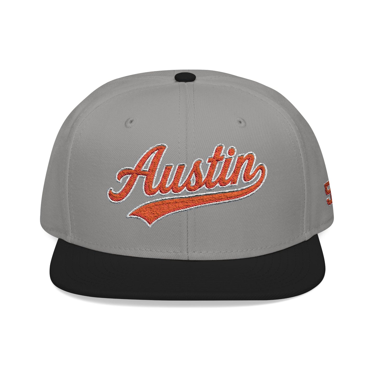 Embroidered Snapback Cap — 'Austin' Orange Script with 512 Side Stitch