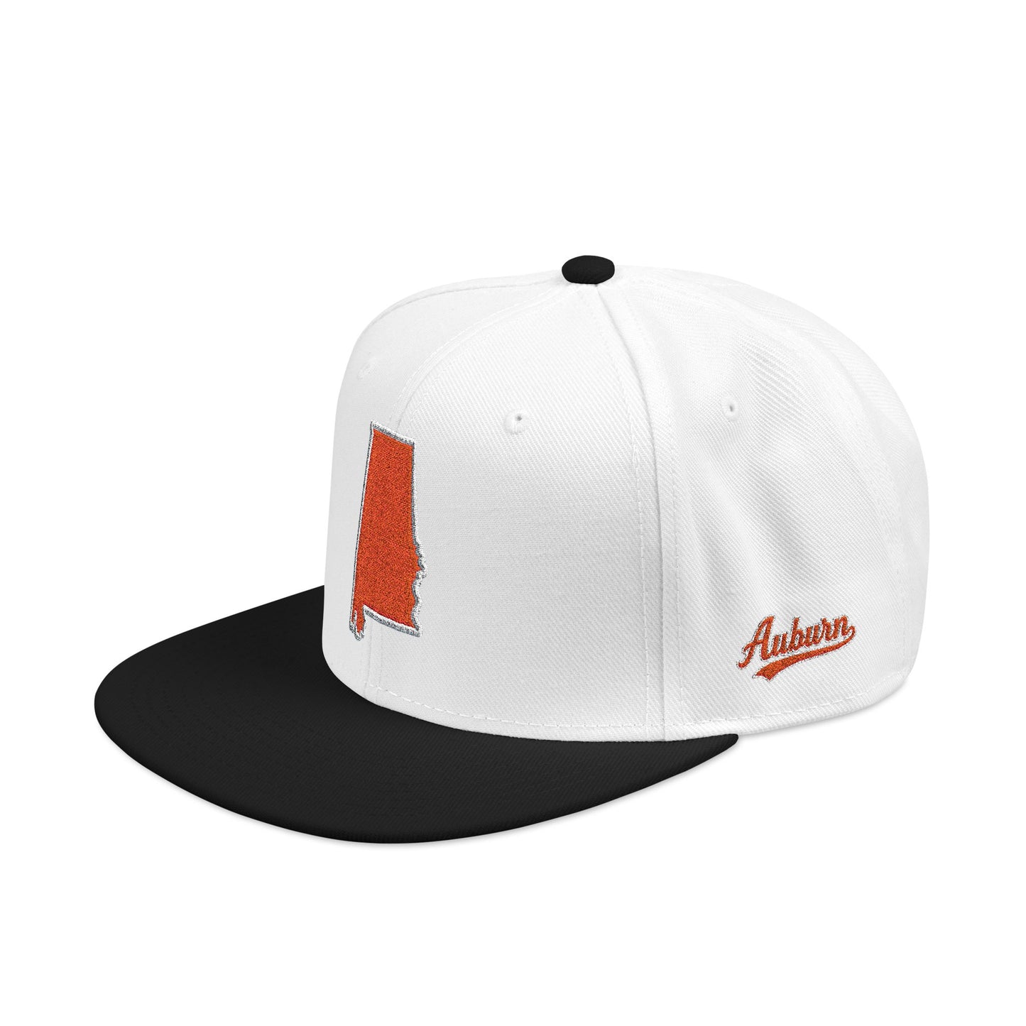 White and black cap with orange embroidered state of Alabama outline snapback — side view