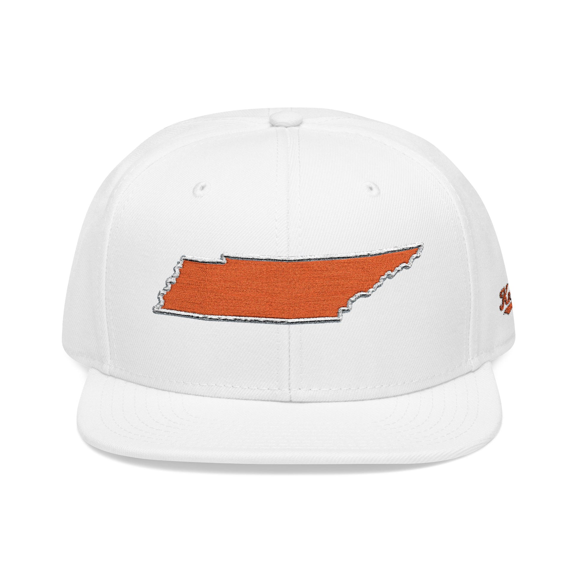White cap with an orange outline of Tennessee on a white background