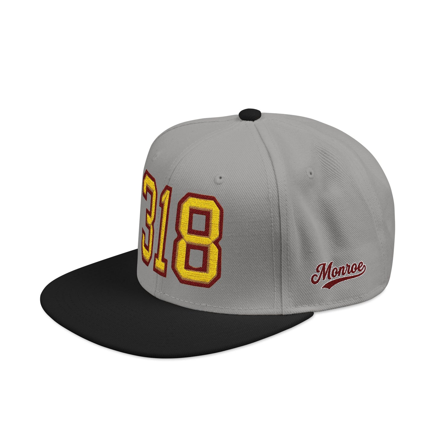 Gray cap with black brim embroidered '318' on a white background