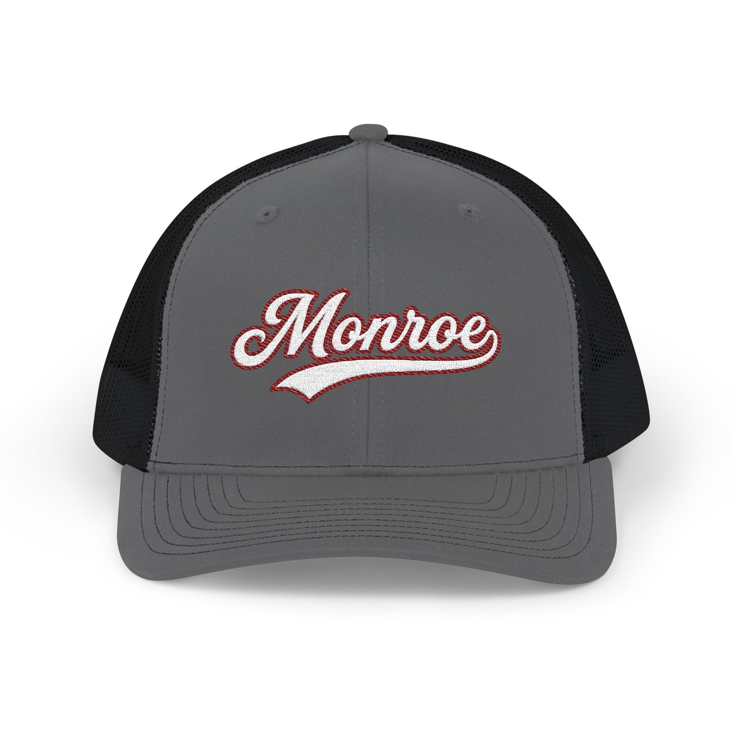 Gray and black Trucker hat with 'Monroe' embroidered on a white background