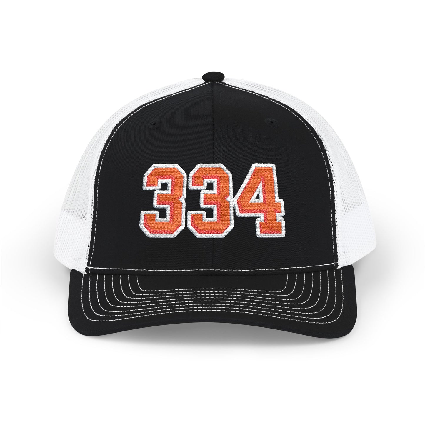 Black and white cap with orange number 334 on a white background