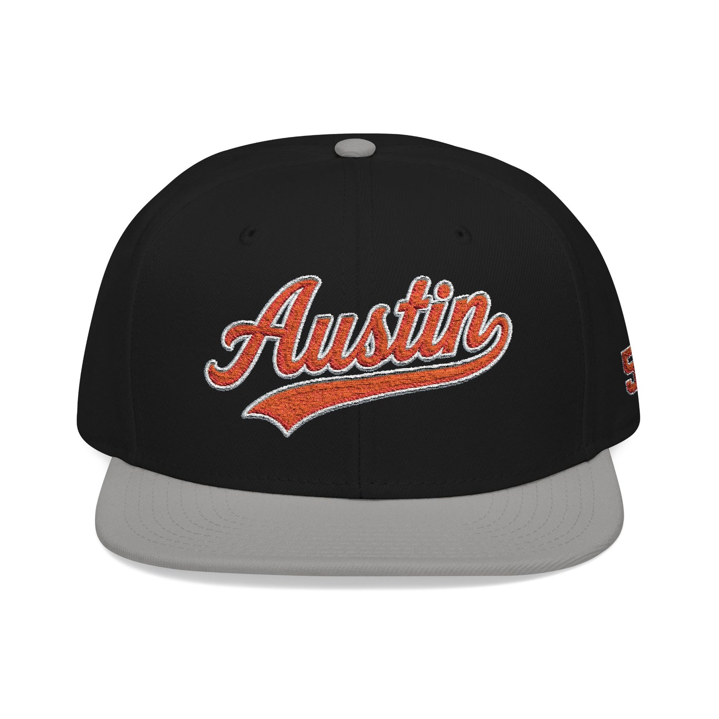 Embroidered Snapback Cap — 'Austin' Orange Script with 512 Side Stitch