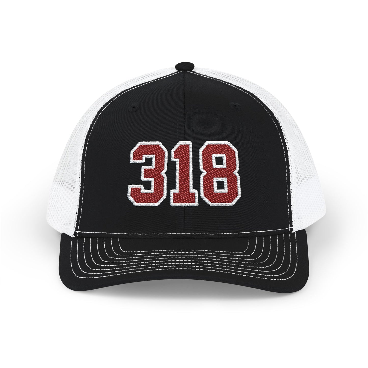 Black and white cap with '318' in maroon and white on a white background