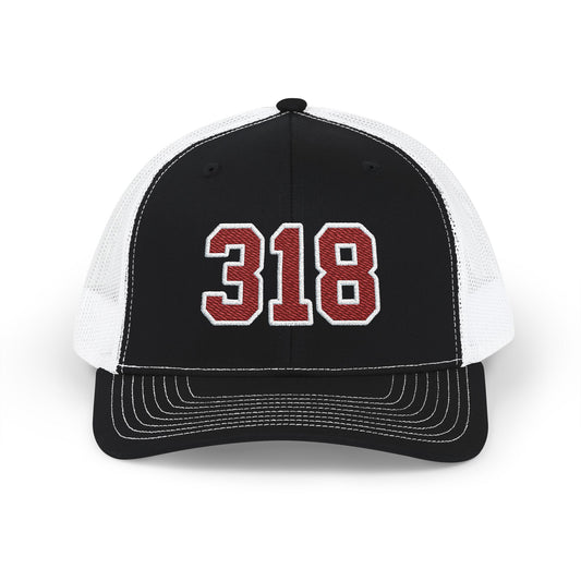 Black and white cap with '318' in maroon and white on a white background