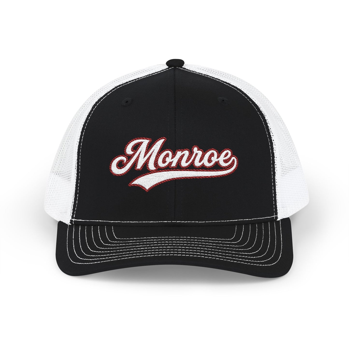 Monroe LA white script trucker cap — retro embroidered snapback hat