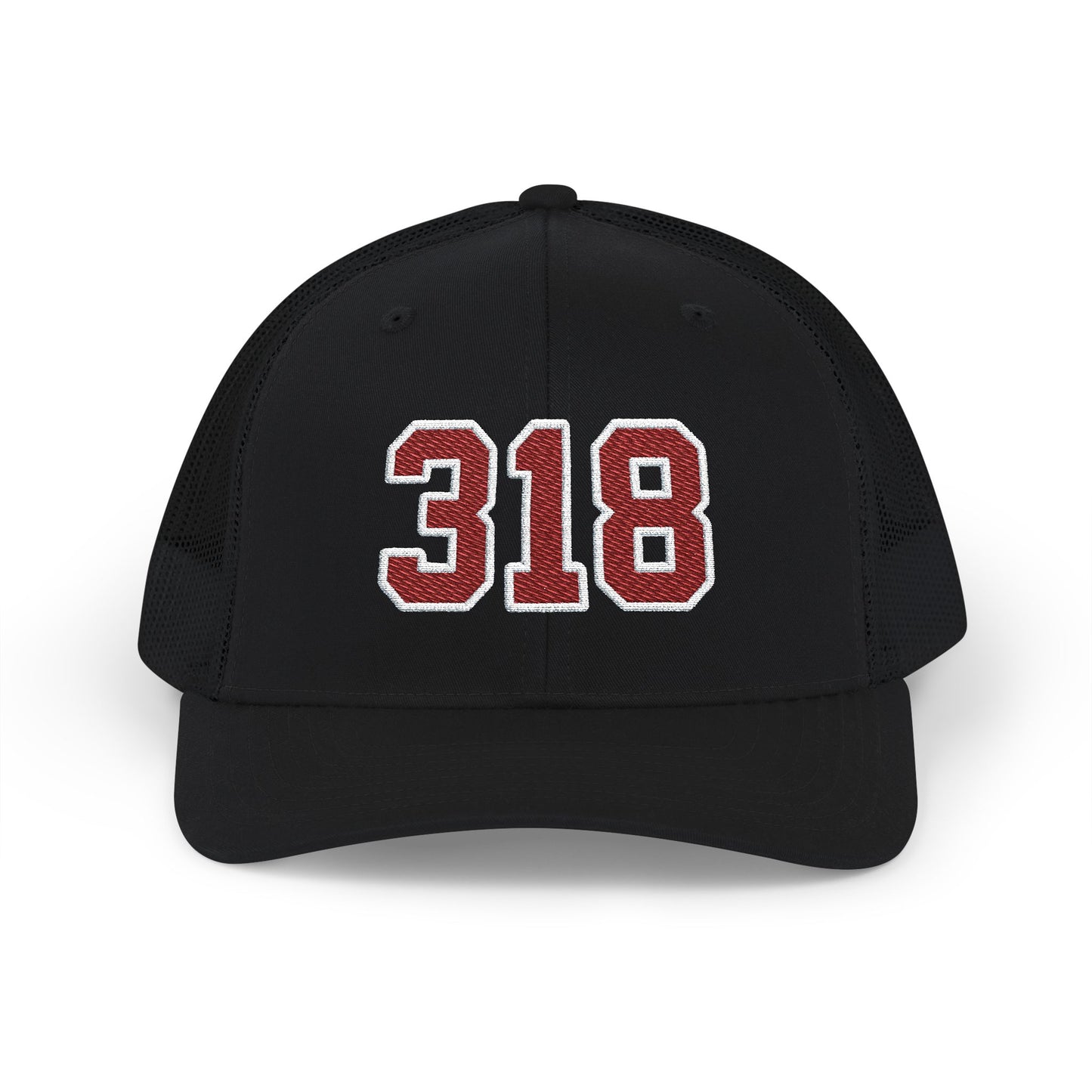 Black trucker cap with a maroon and white '318' on a white background
