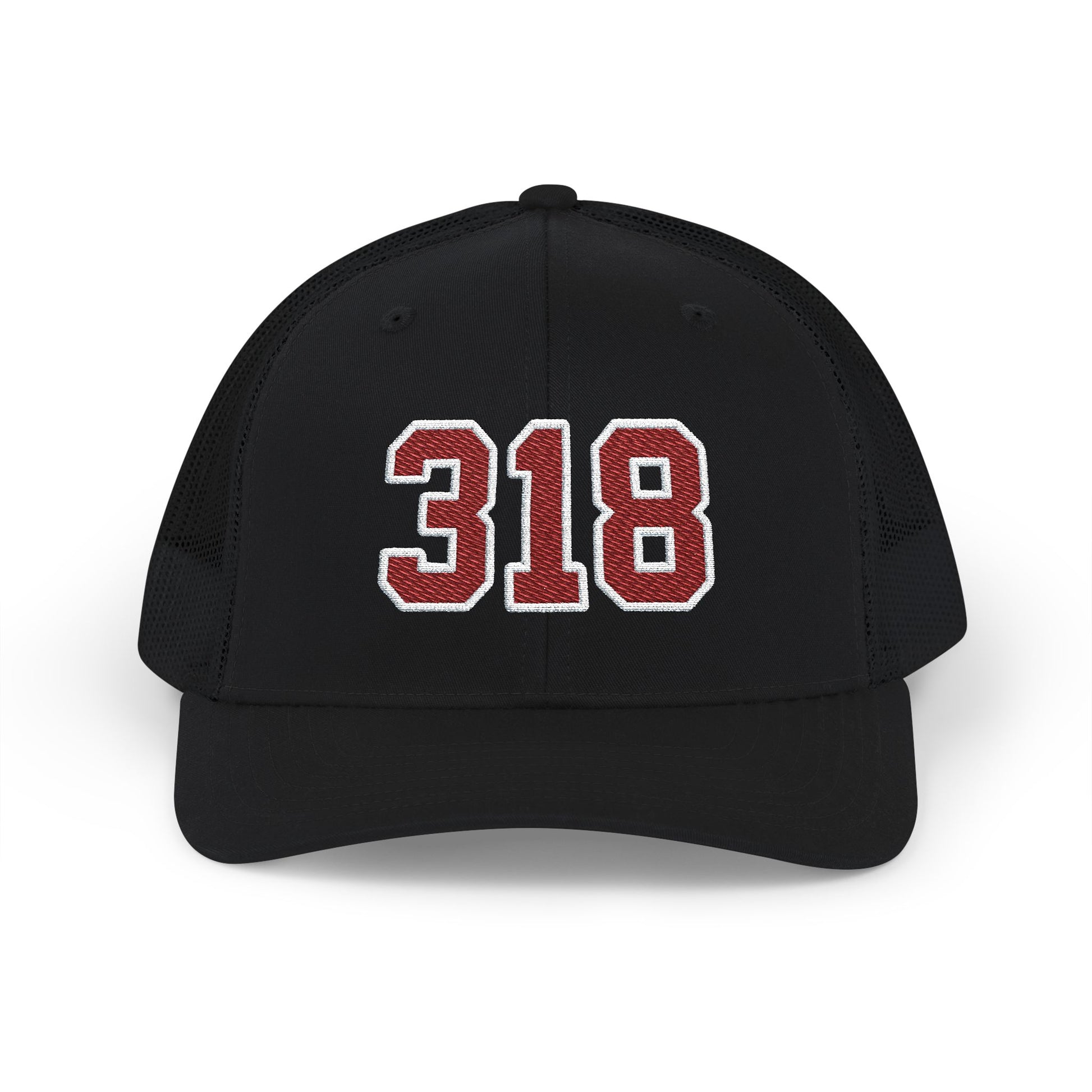Black trucker cap with a maroon and white '318' on a white background