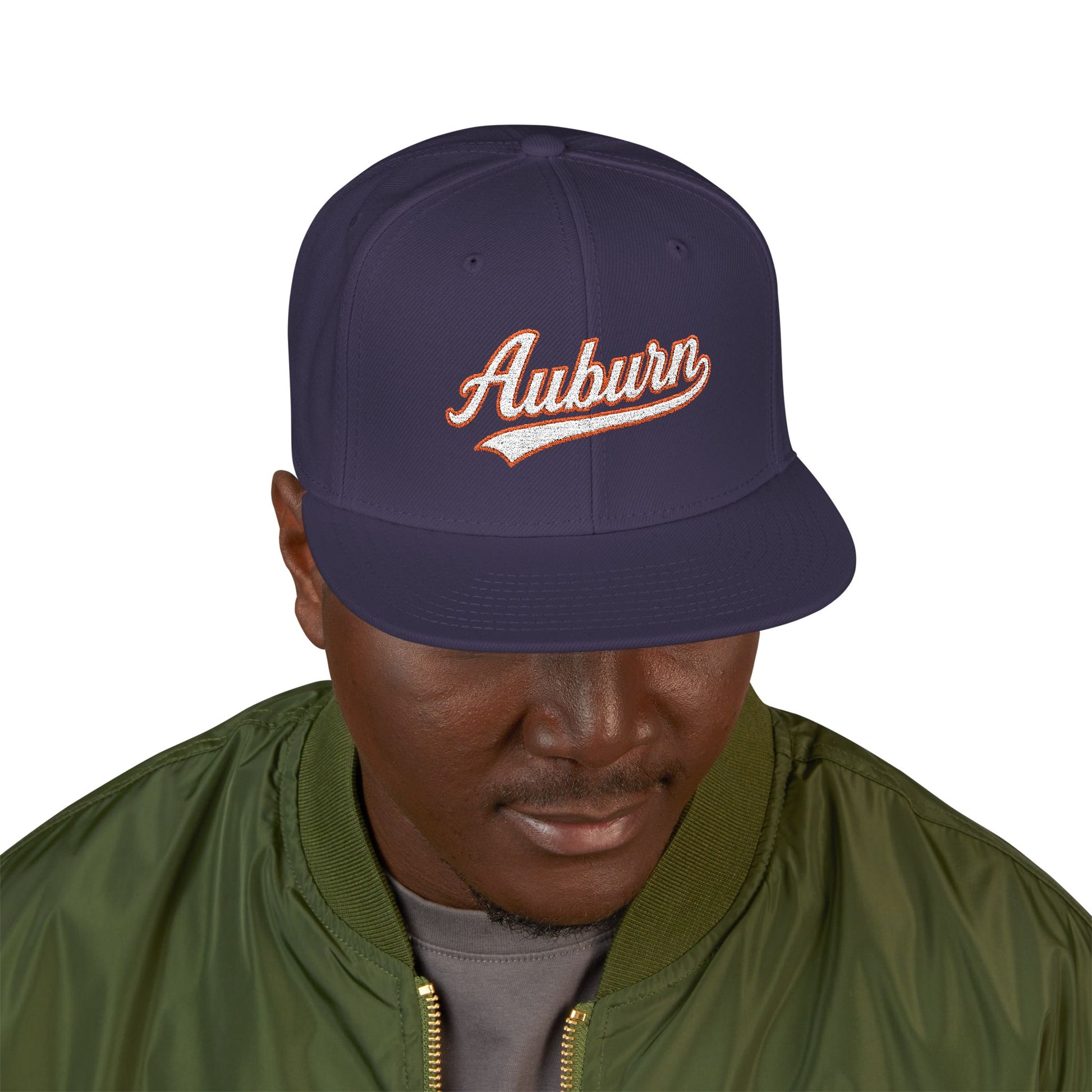 Auburn white script embroidered snapback hat with 334 side stitch – 318 Supply Co.
