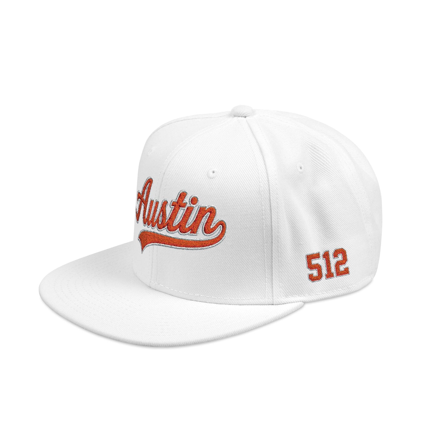 Embroidered Snapback Cap — 'Austin' Orange Script with 512 Side Stitch