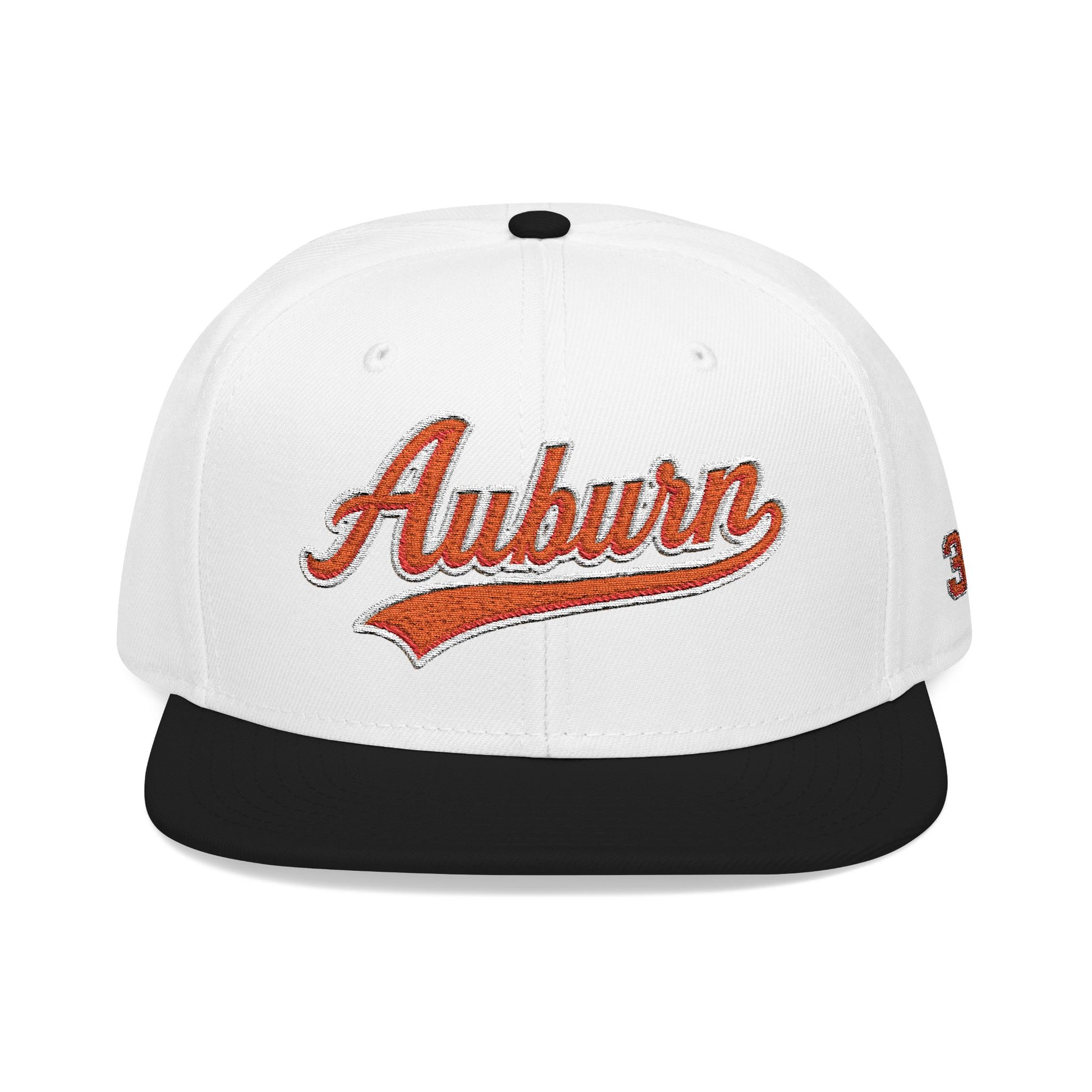 White and black cap with 'Auburn' text on a white background