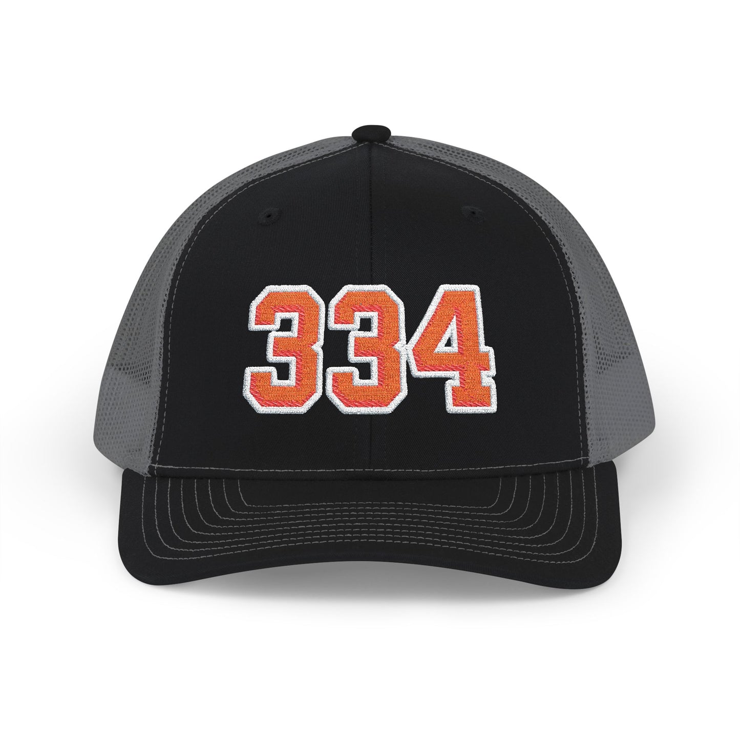 Black and gray cap with orange numbers '334' on a white background
