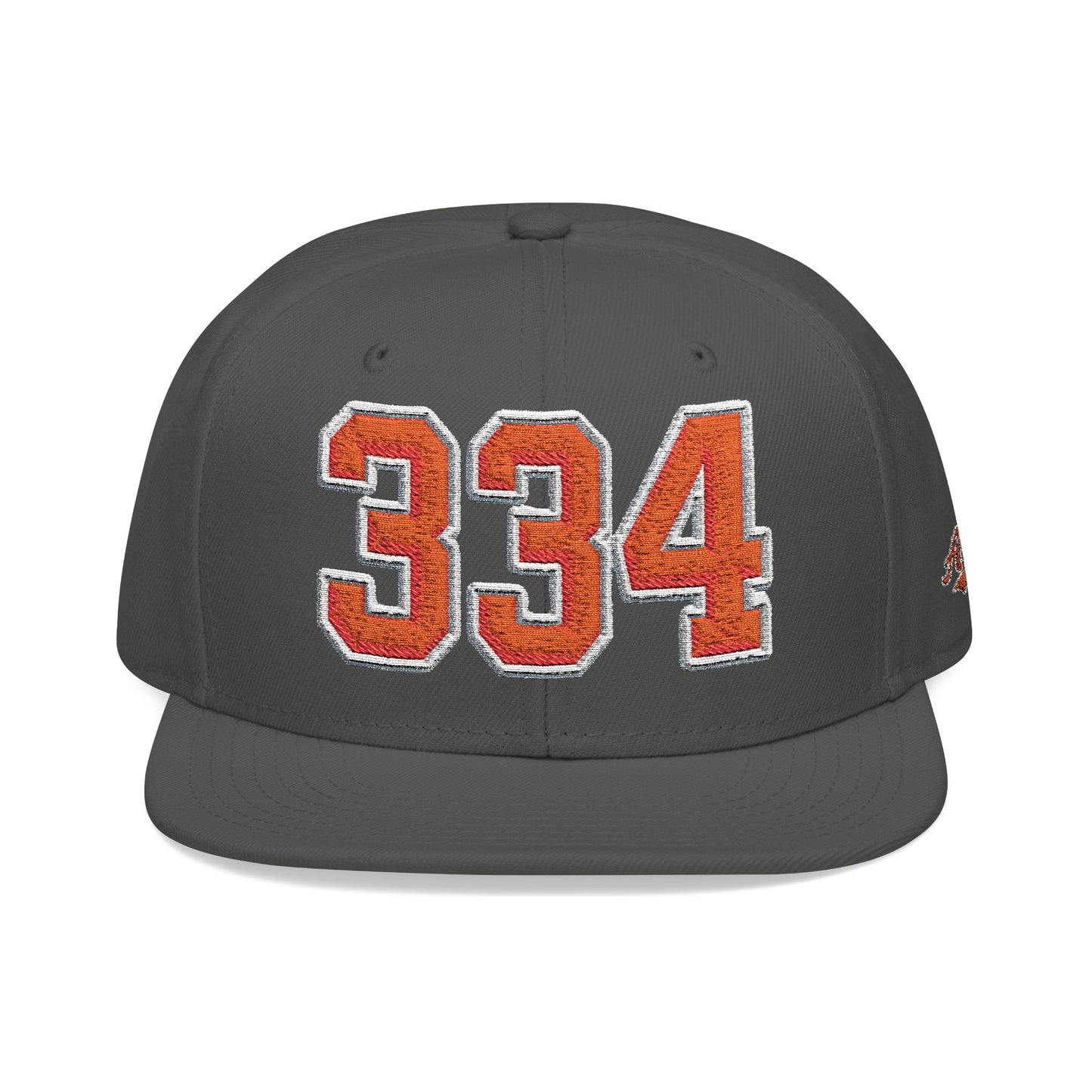 Gray cap with orange and white embroidered '334' on a white background