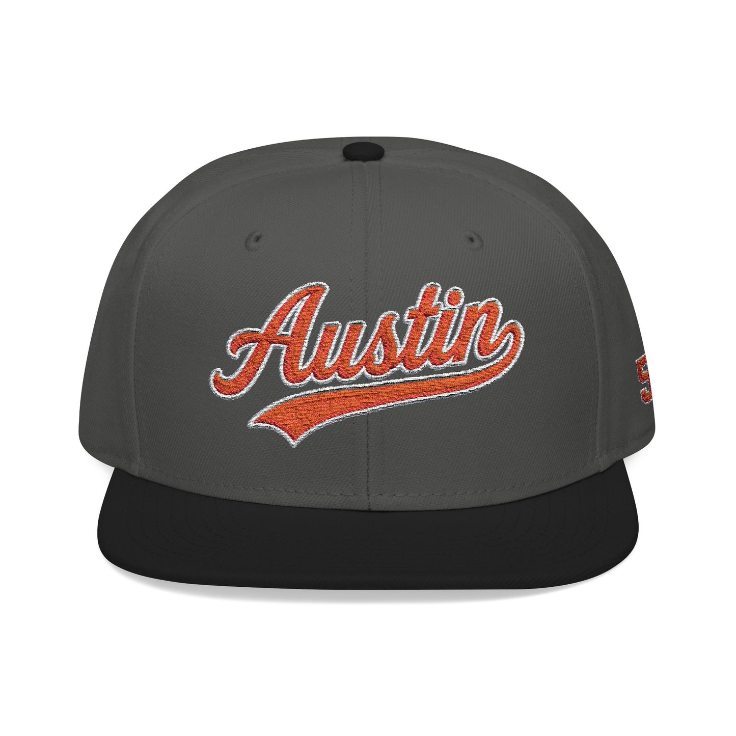 Embroidered Snapback Cap — 'Austin' Orange Script with 512 Side Stitch
