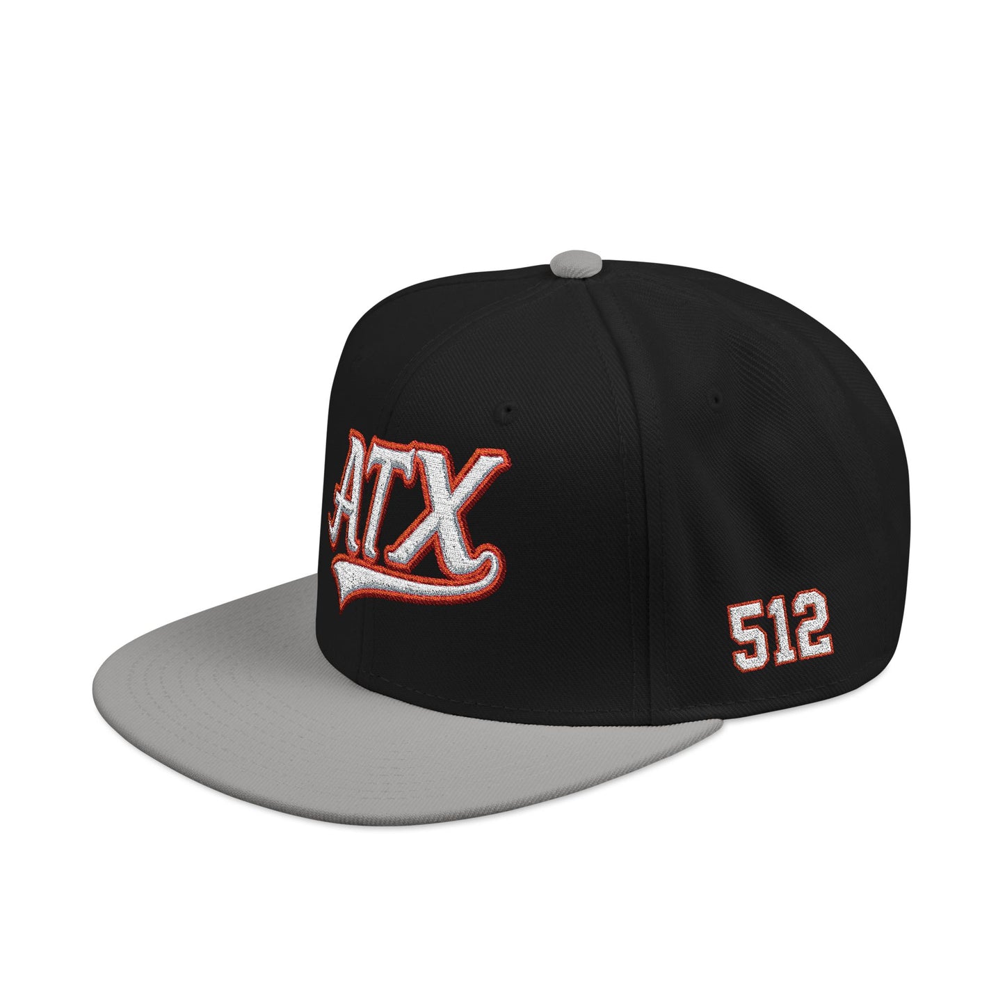 Embroidered Snapback Cap — 'ATX' White Script with 512 Side Stitch