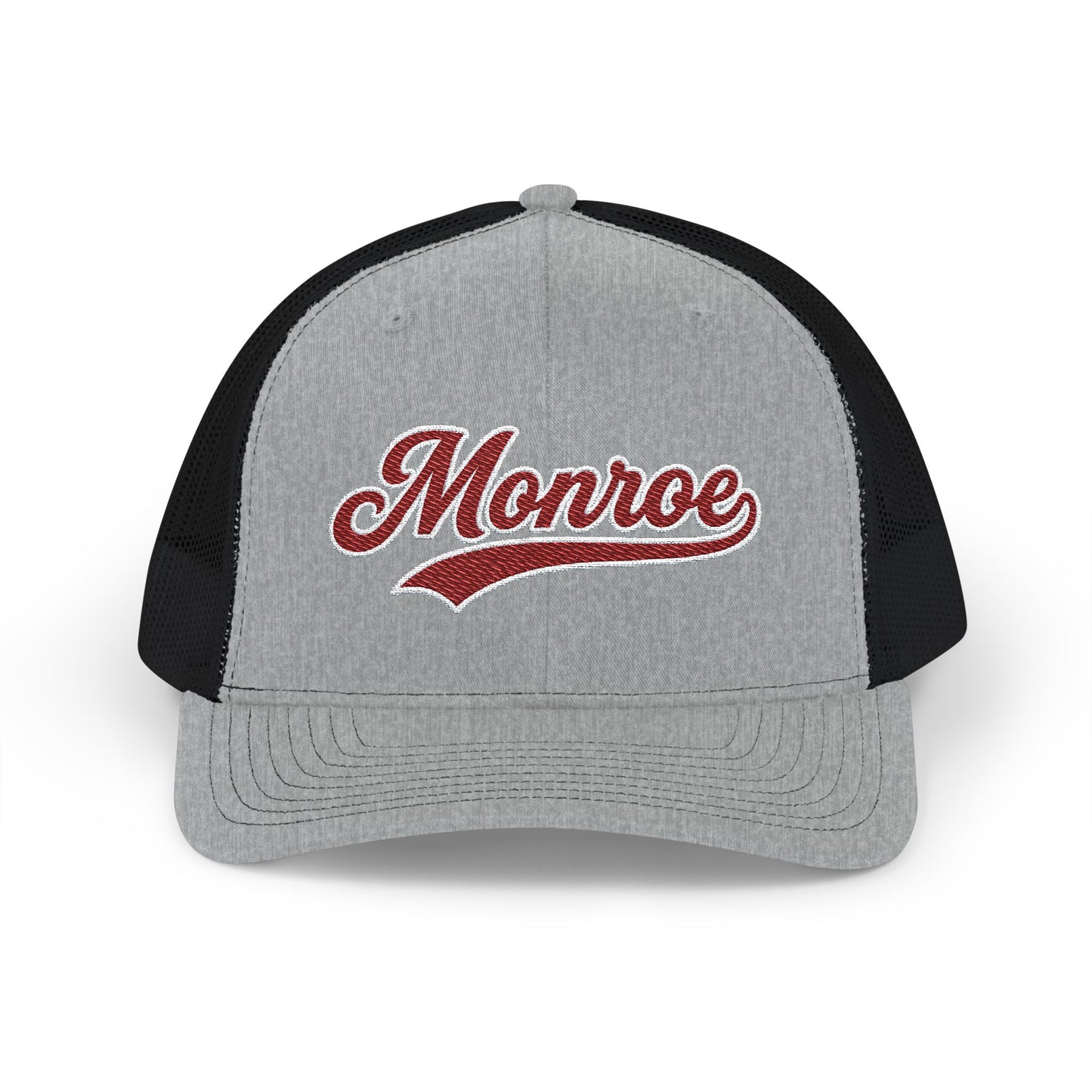 Monroe Maroon Script Trucker Cap — Retro Embroidered Snapback Hat