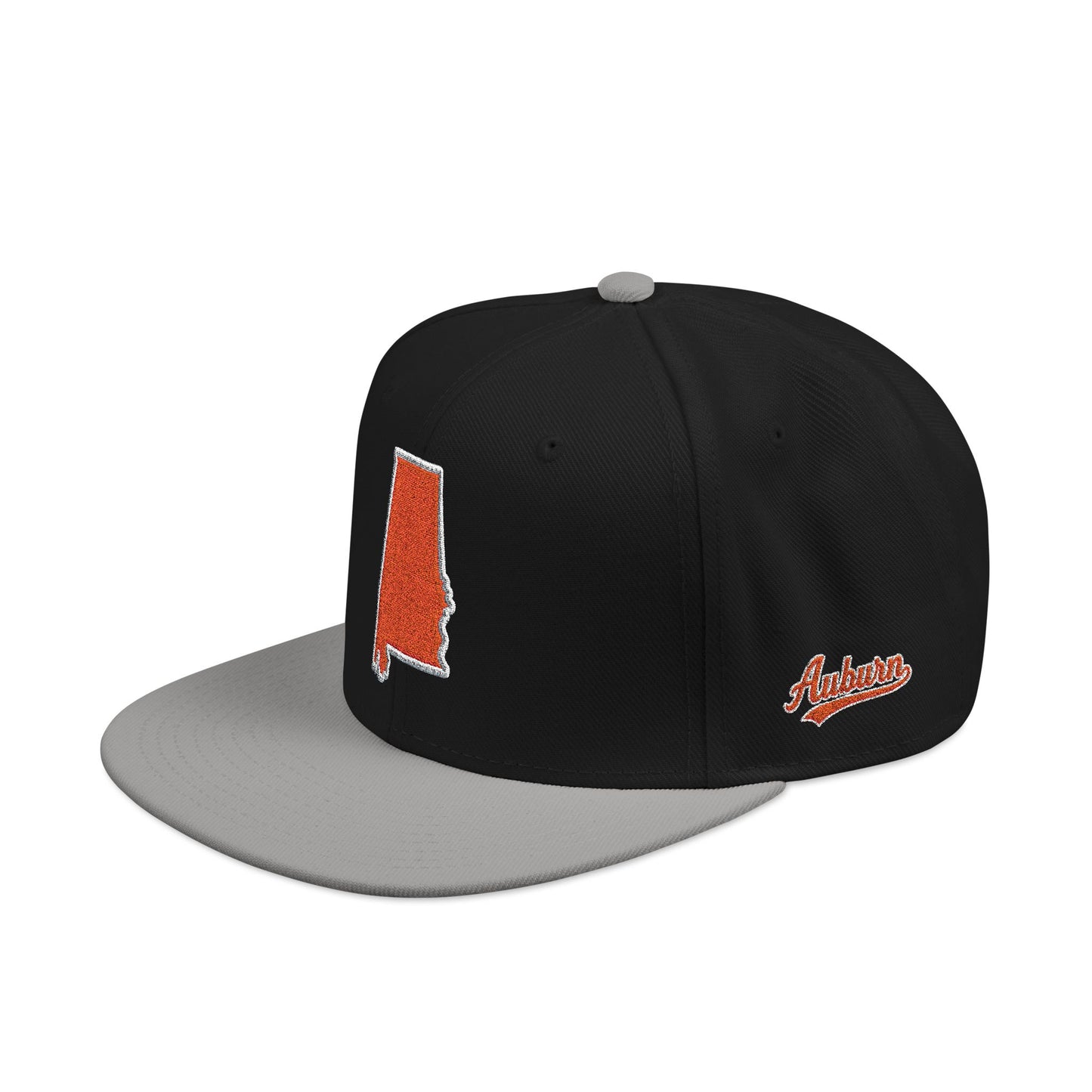 Black and gray cap with orange embroidered state of Alabama outline snapback — side view