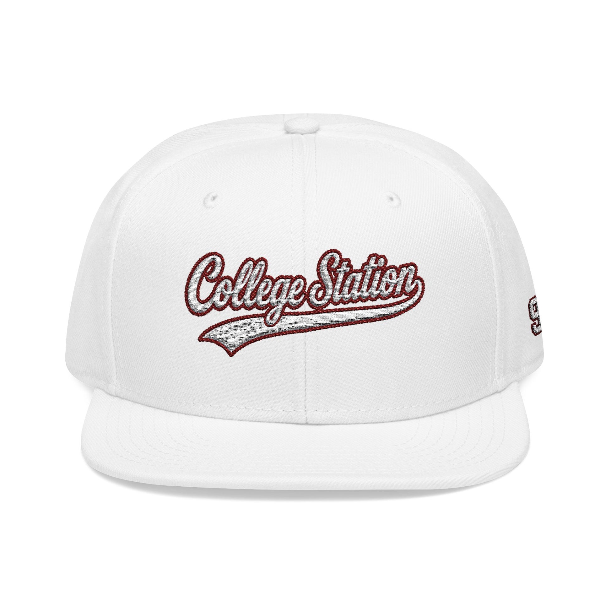 College Station white script embroidered snapback hat with 979 side stitch – 318 Supply Co.