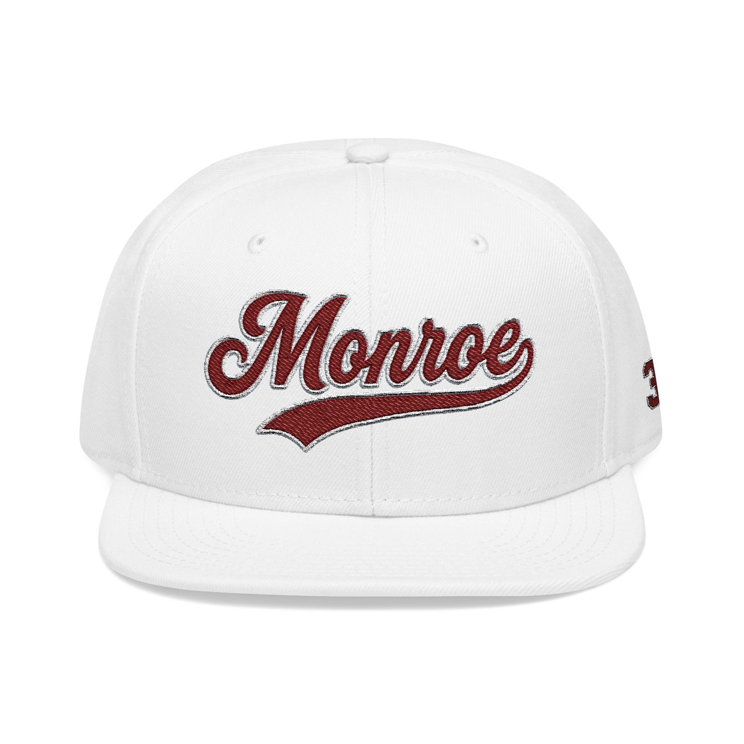 Embroidered Snapback Cap — 'Munroe' Maroon Script with 318 Side Stitch
