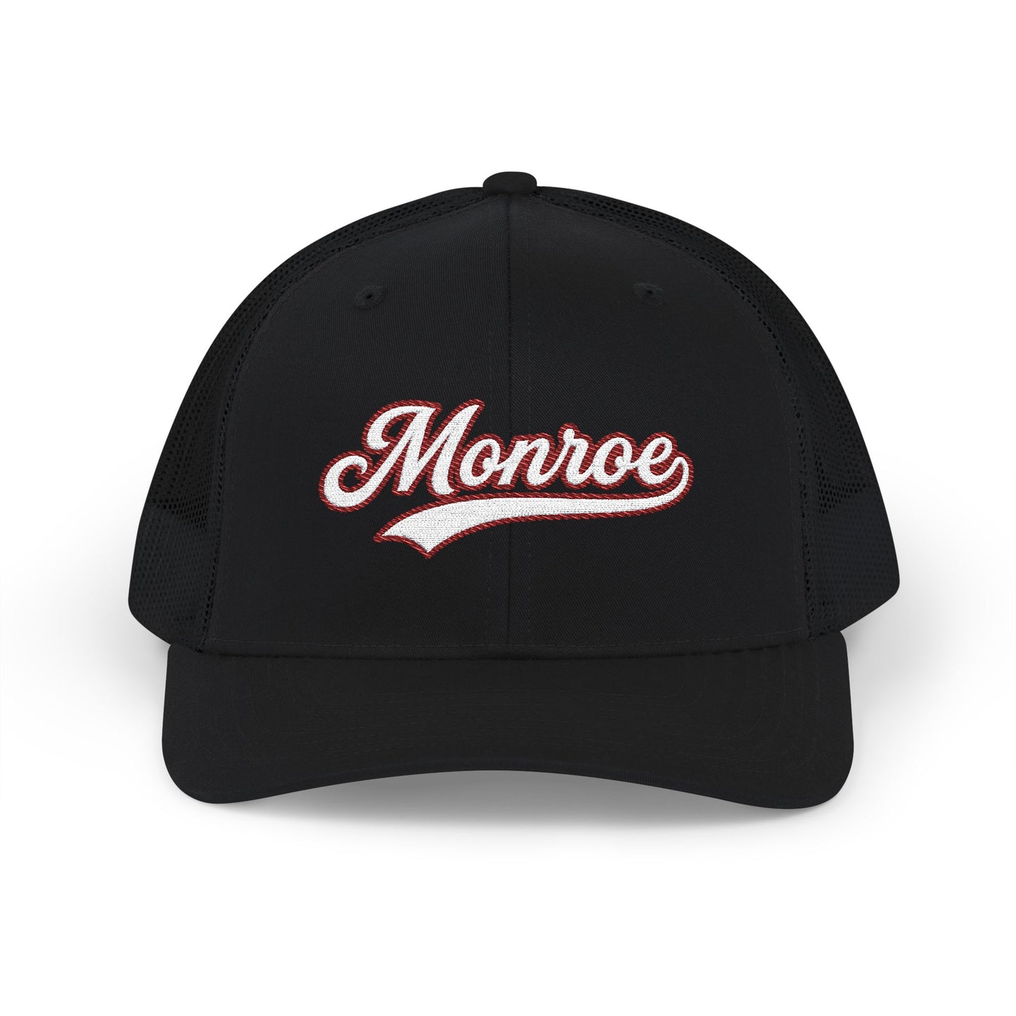 Black Trucker hat with 'Monroe' embroidered in red on a white background