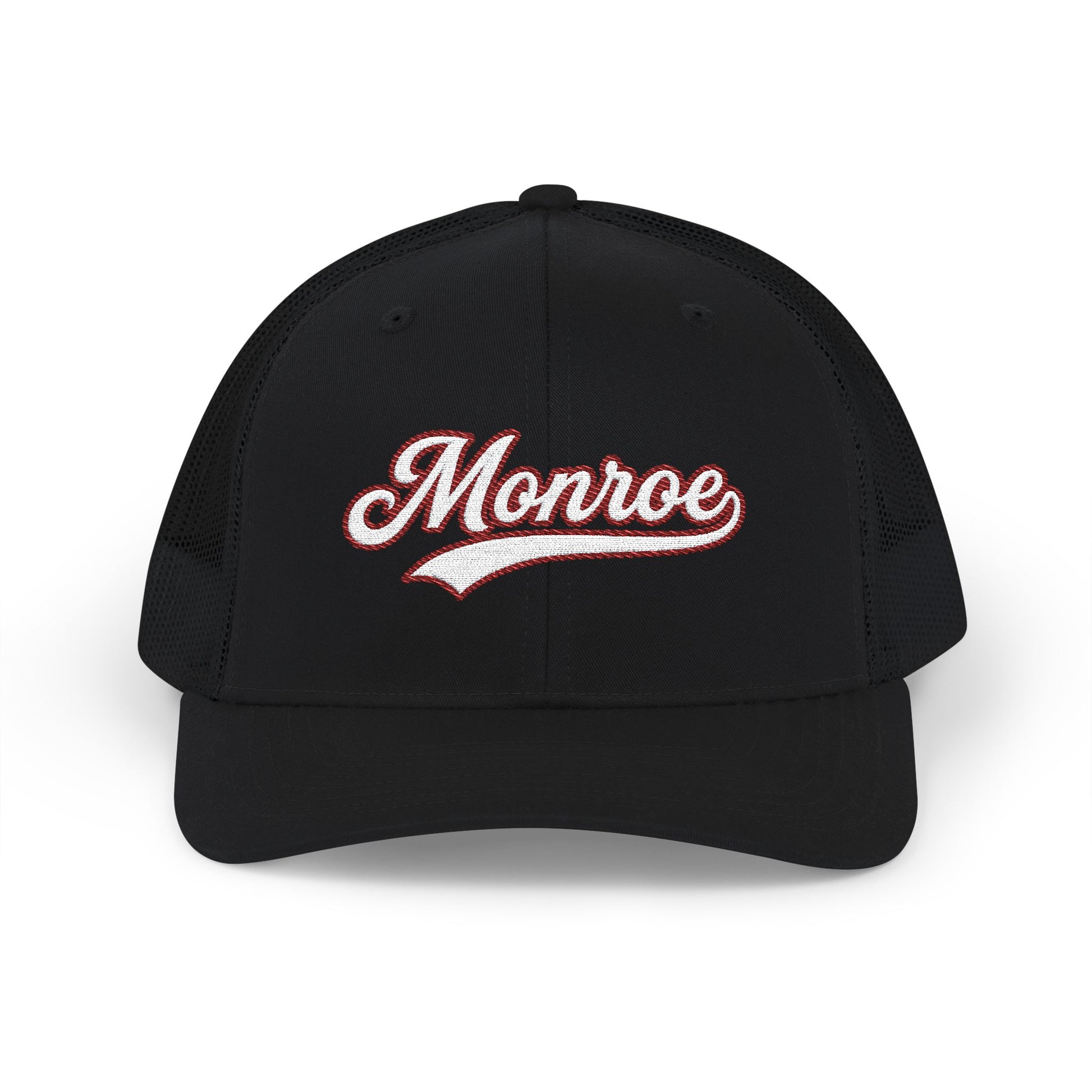 Black Trucker hat with 'Monroe' embroidered in red on a white background