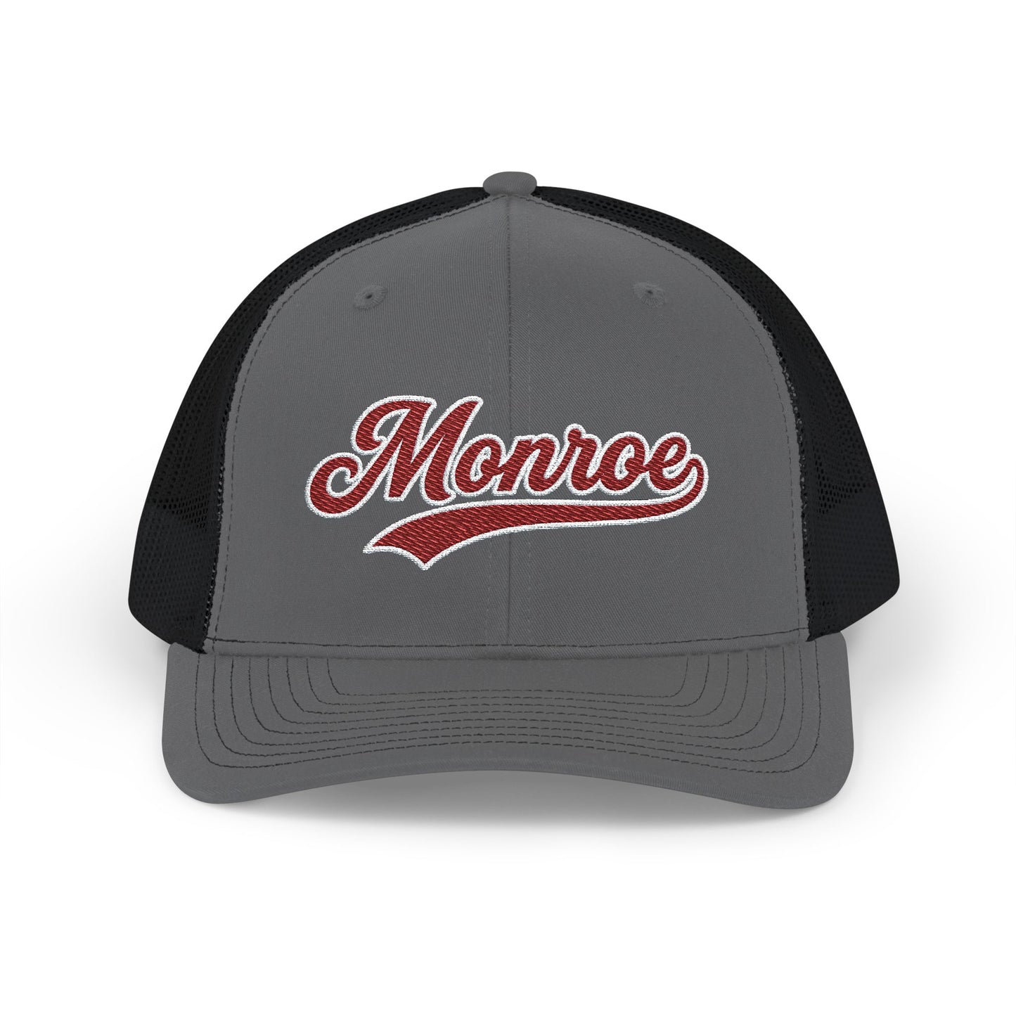 Monroe Maroon Script Trucker Cap — Retro Embroidered Snapback Hat