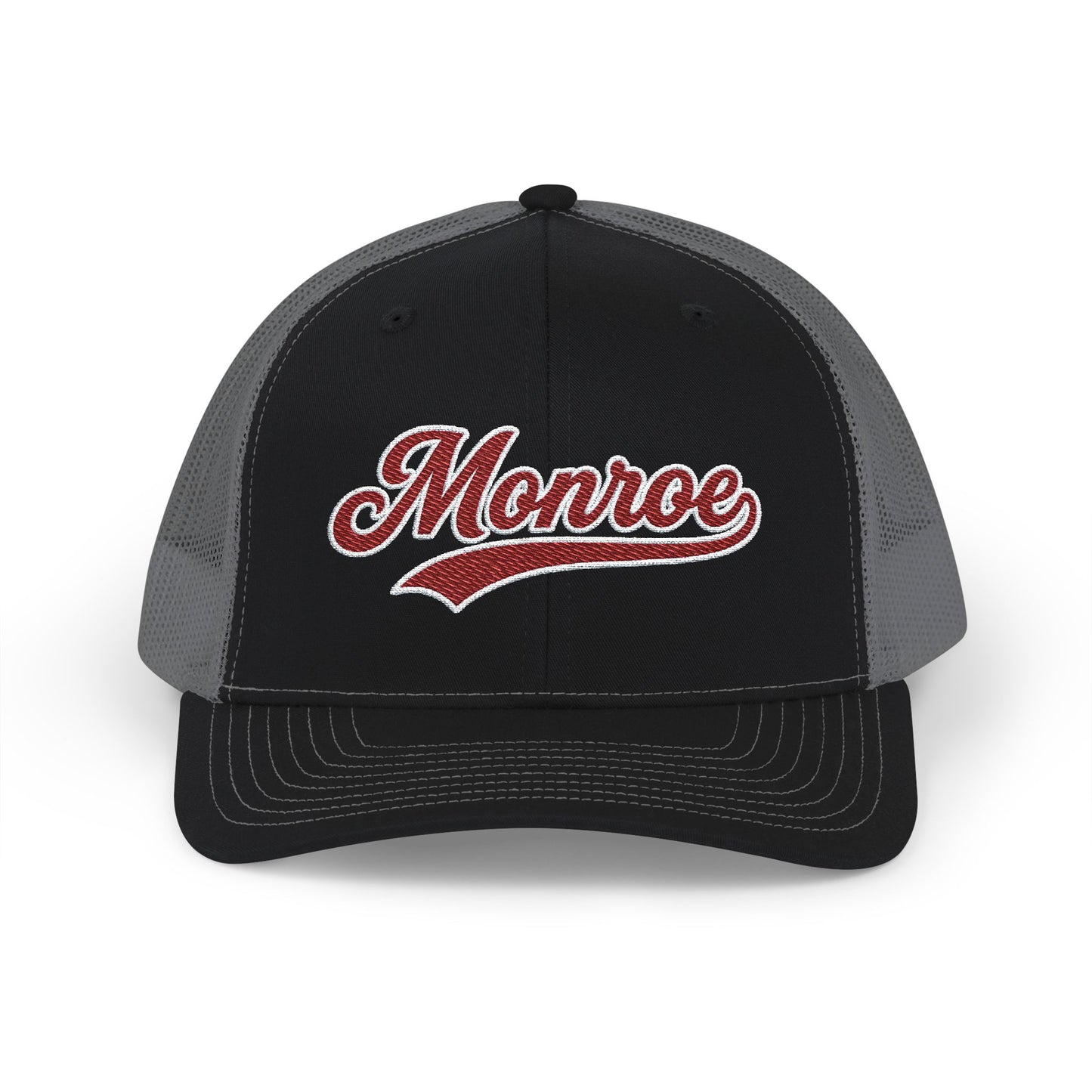 Monroe Maroon Script Trucker Cap — Retro Embroidered Snapback Hat