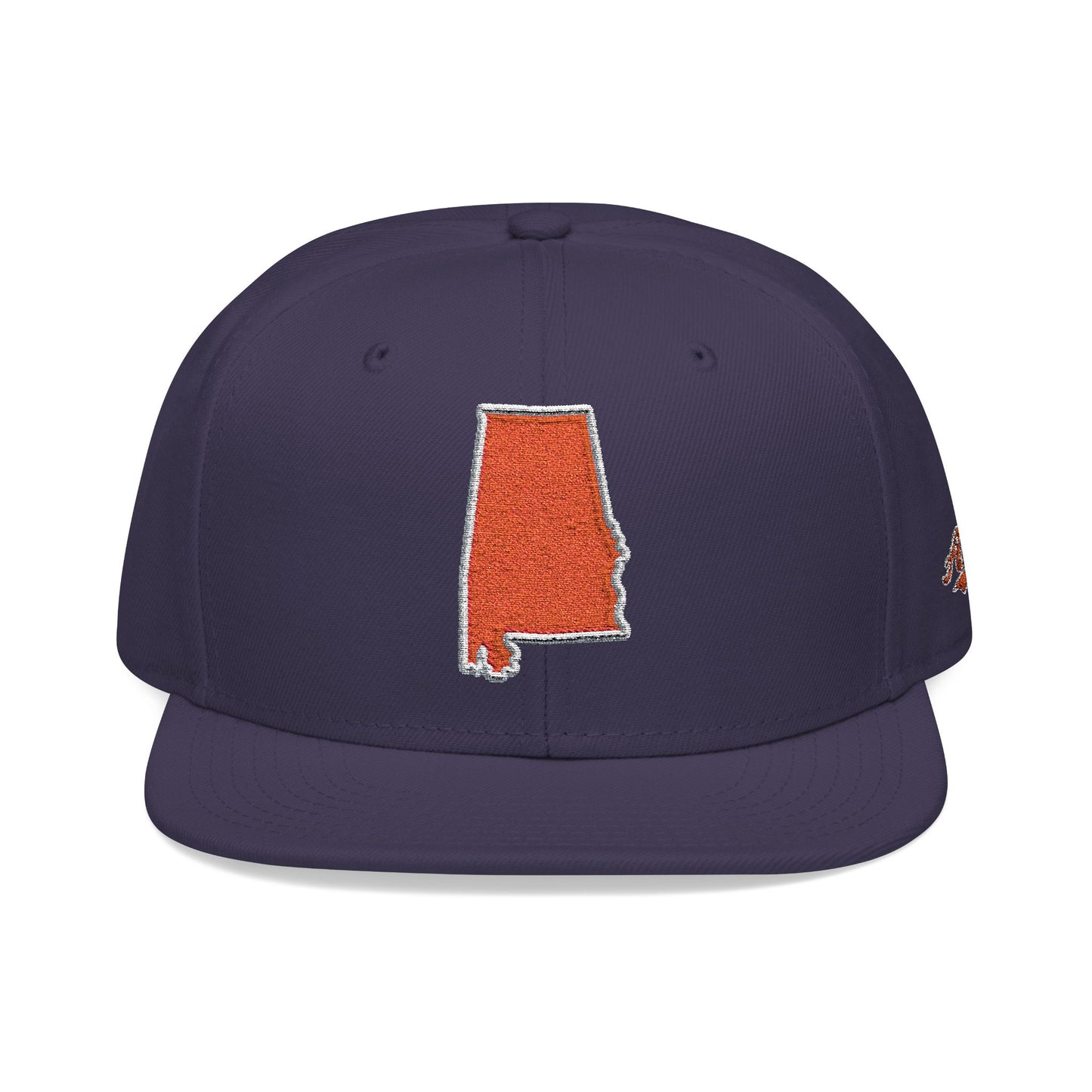 Navy blue cap with an orange outline of Alabama on a white background