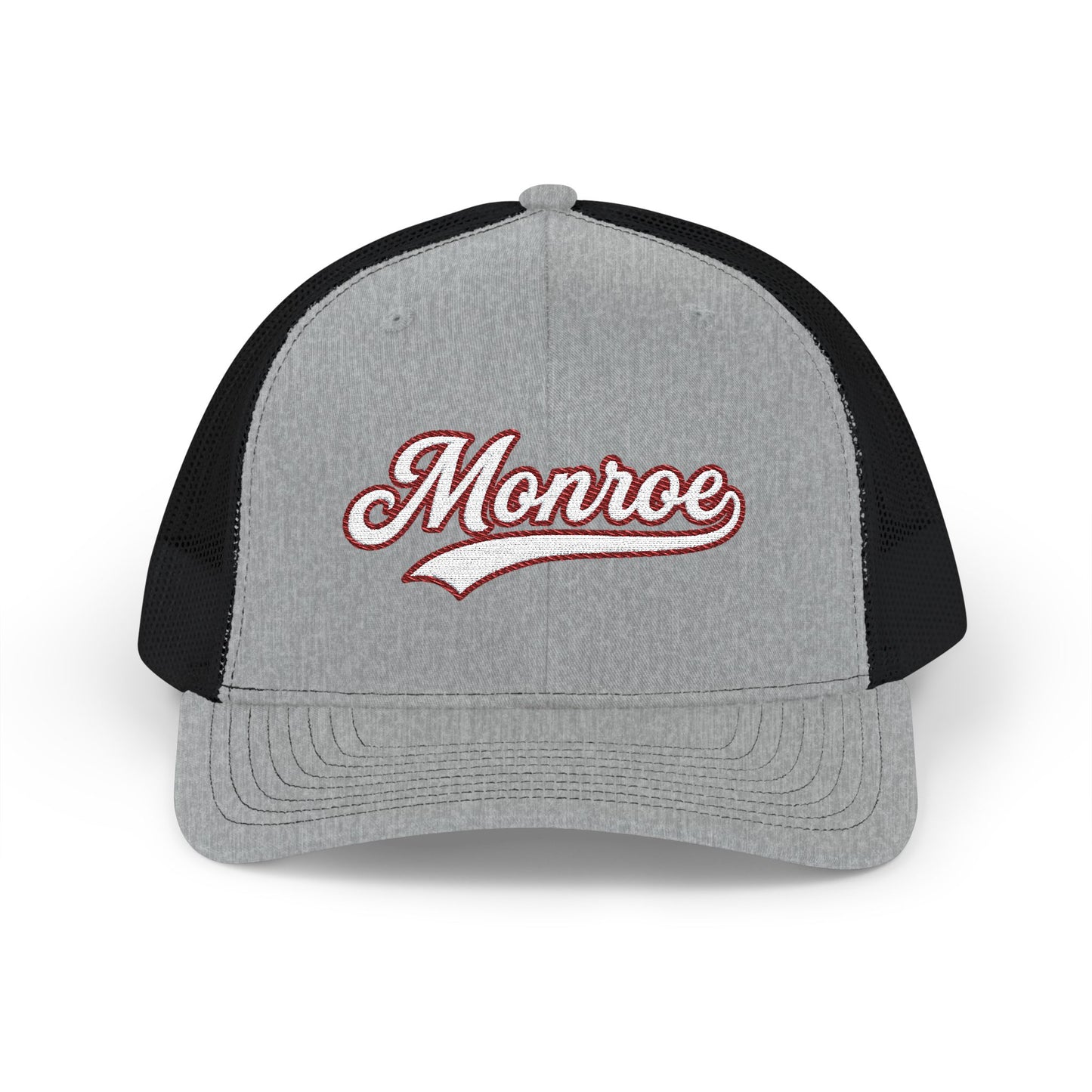 Gray and black Trucker hat with 'Monroe' logo on a white background