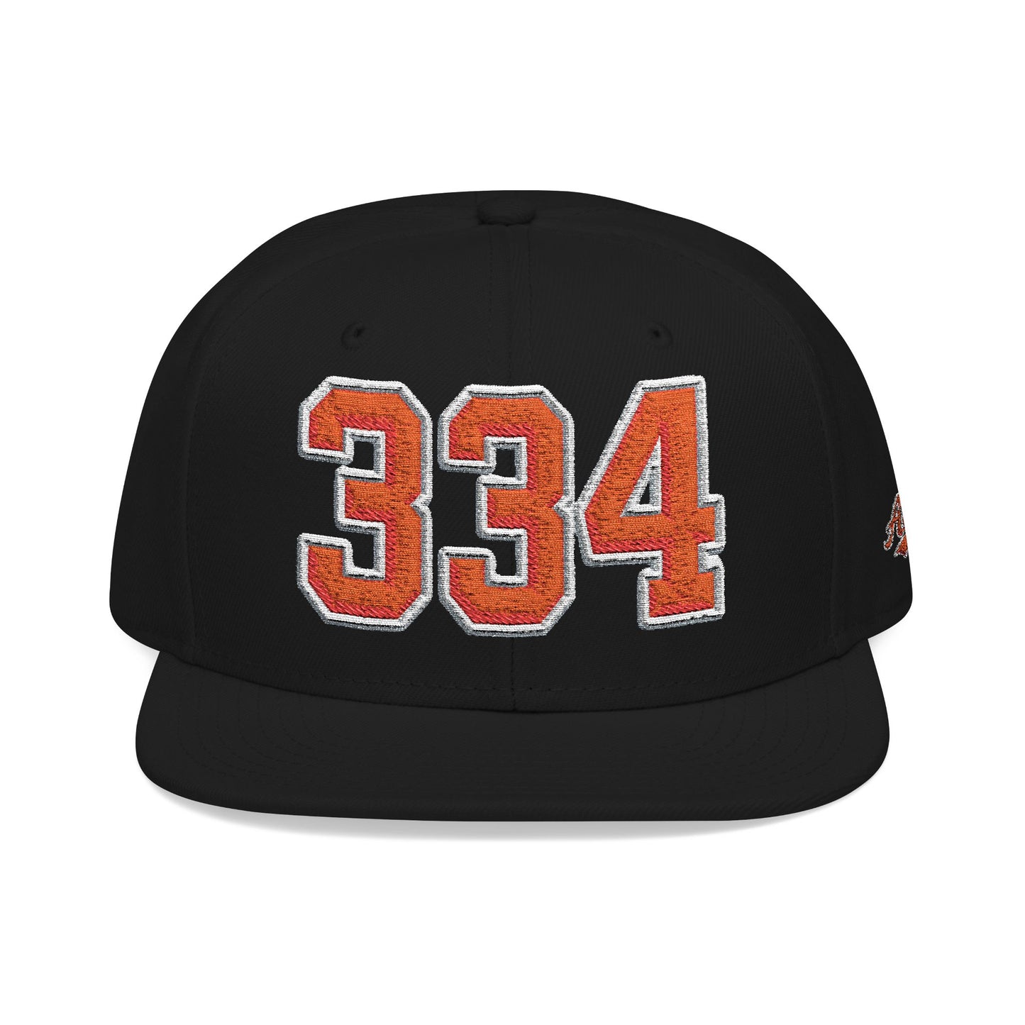 Black cap with orange and white text '334' on a white background