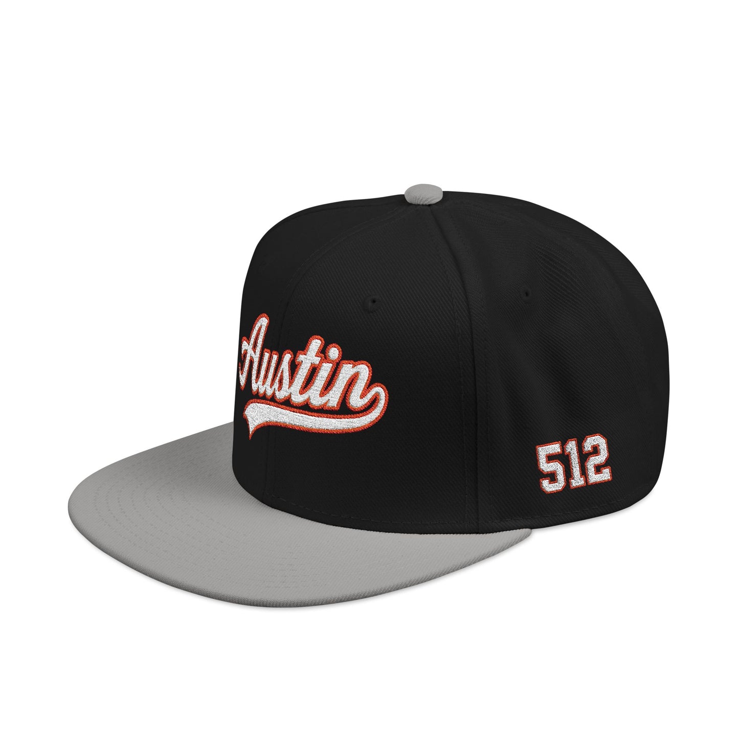 Austin white script embroidered snapback hat with 512 side stitch – 318 Supply Co.