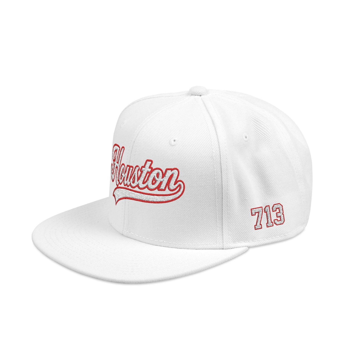 Houston white script embroidered snapback hat with 713 side stitch – 318 Supply Co.
