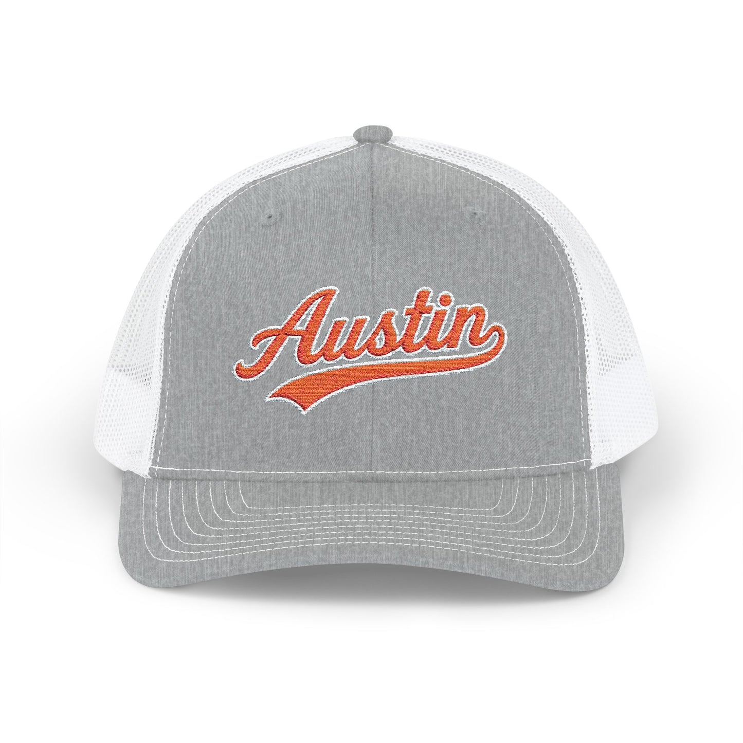 Austin Orange Script Trucker Cap — Retro Embroidered Snapback Hat