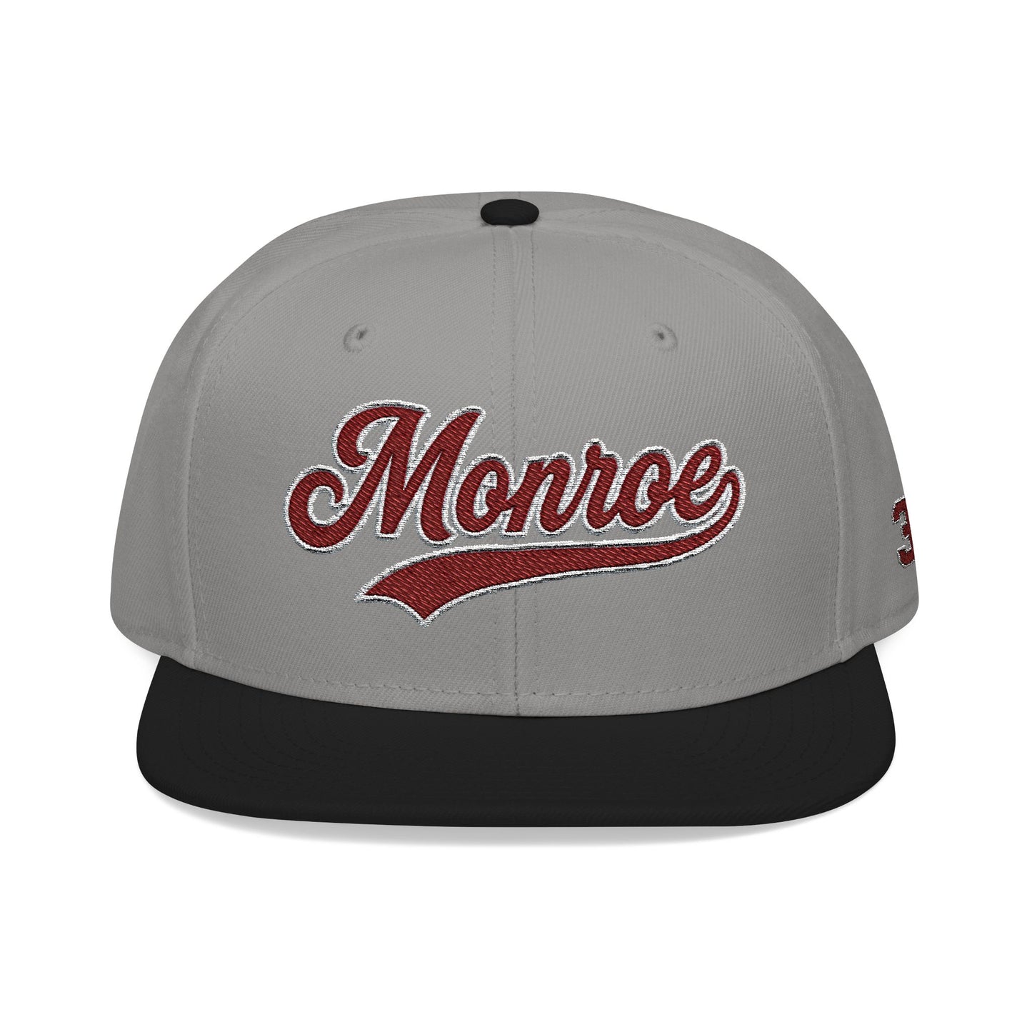Embroidered Snapback Cap — 'Munroe' Maroon Script with 318 Side Stitch
