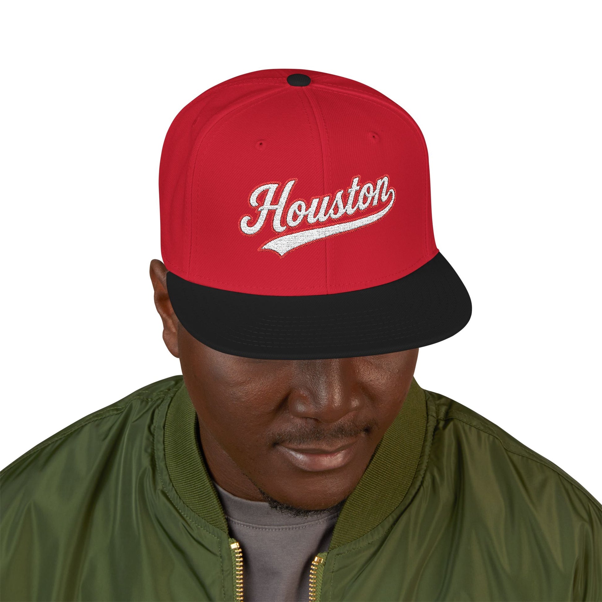 Houston white script embroidered snapback hat with 713 side stitch – 318 Supply Co.