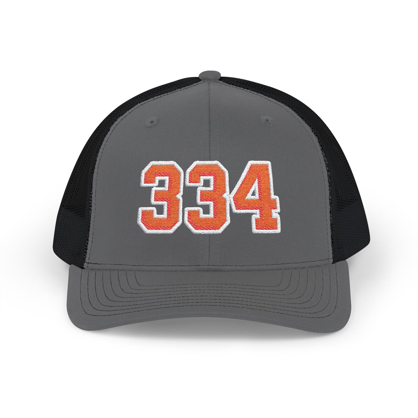 Gray and black cap with orange numbers '334' on a white background