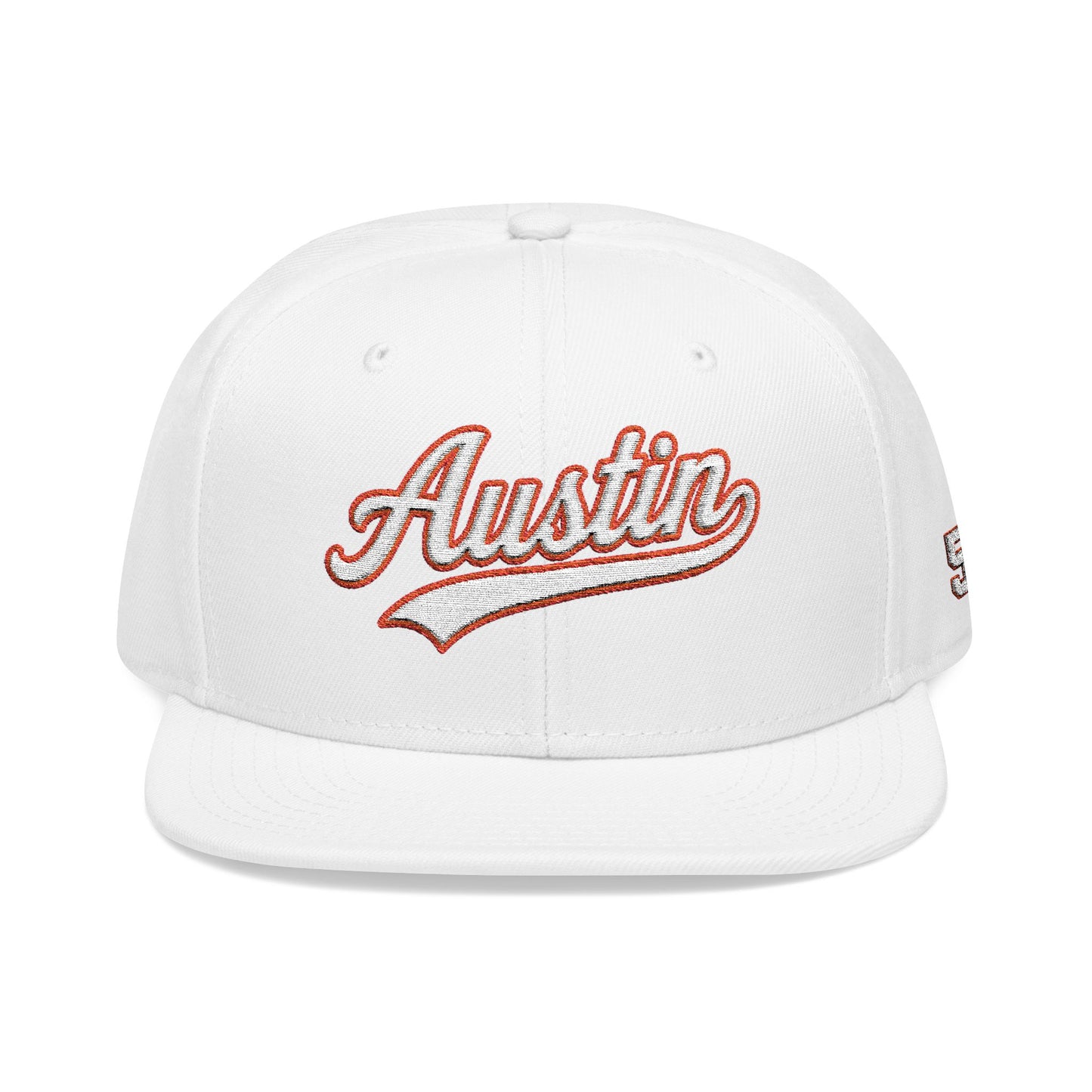 Austin white script embroidered snapback hat with 512 side stitch – 318 Supply Co.