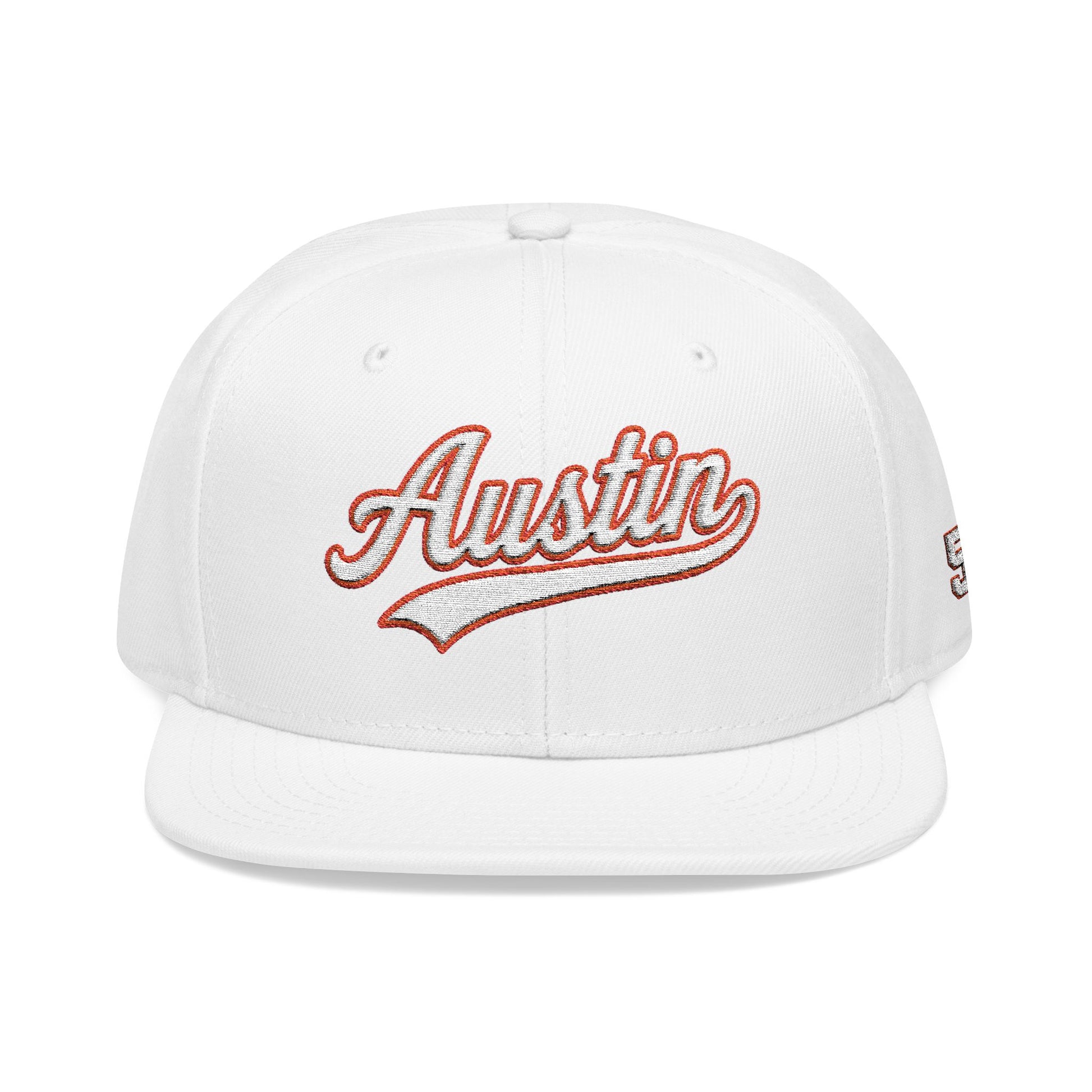 Austin white script embroidered snapback hat with 512 side stitch – 318 Supply Co.