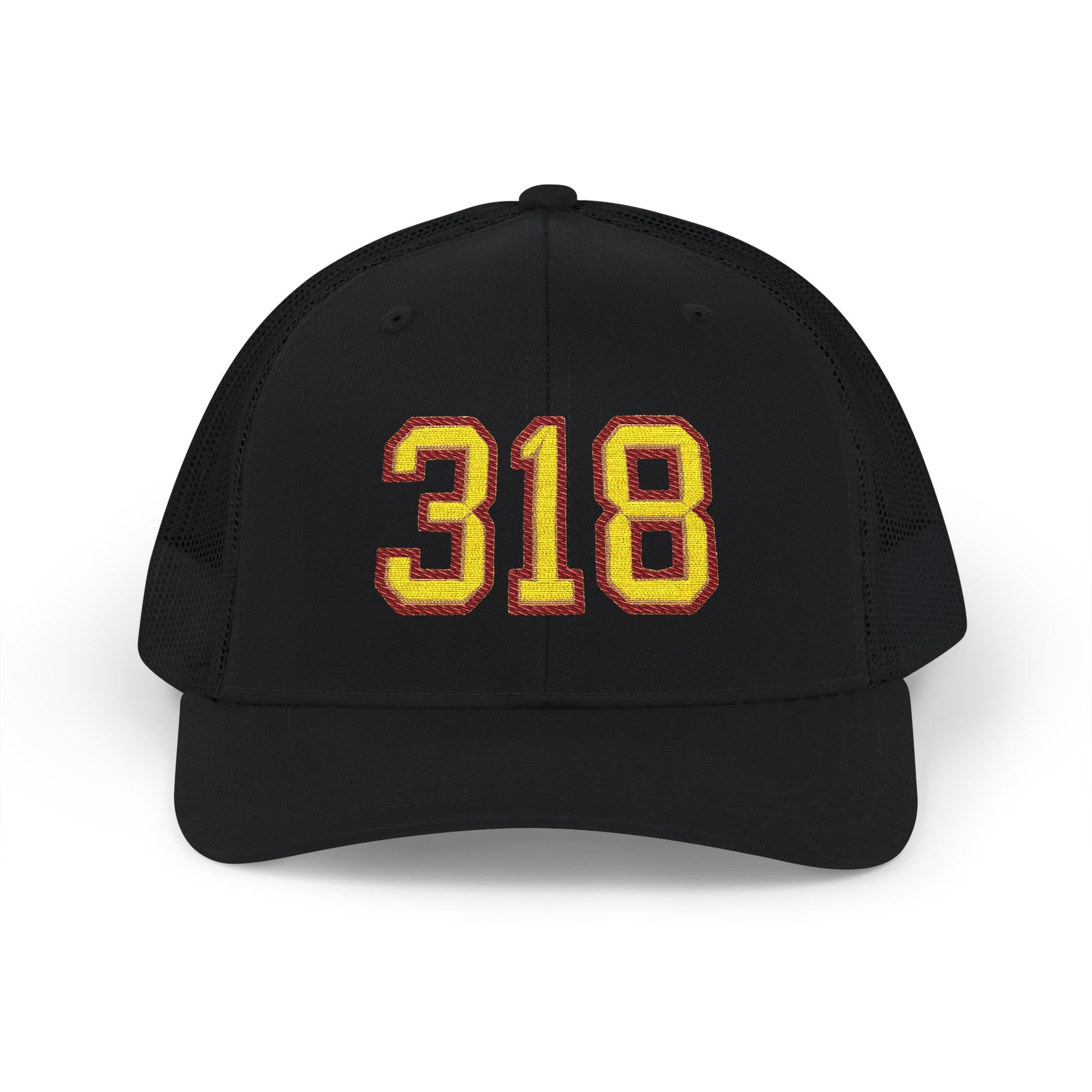 Black cap with '318' embroidered in yellow and maroon on a white background
