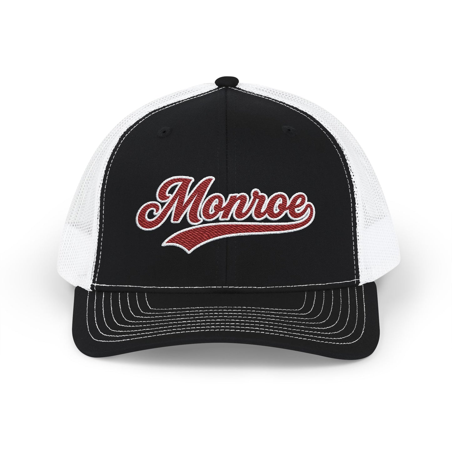 Monroe Maroon Script Trucker Cap — Retro Embroidered Snapback Hat