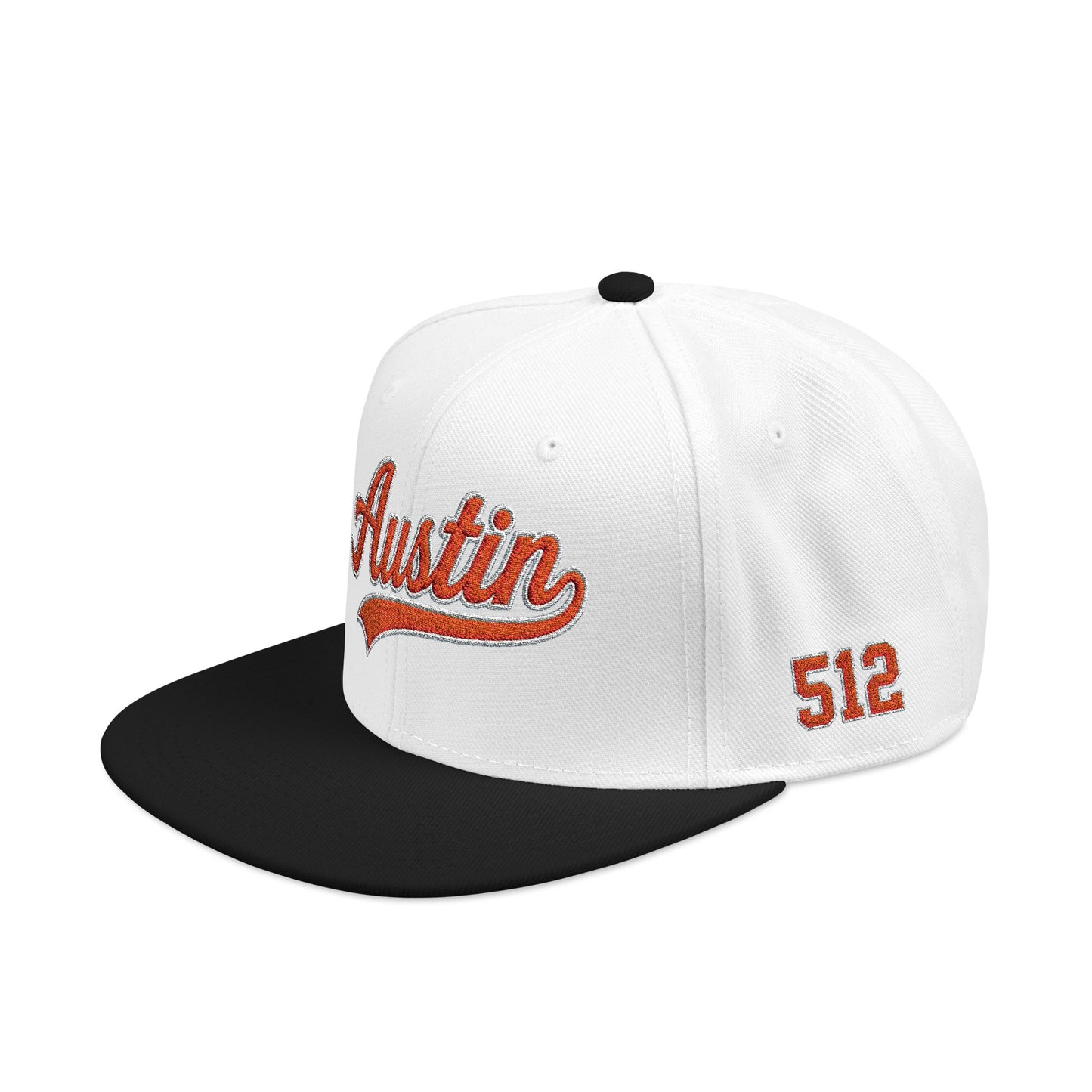Embroidered Snapback Cap — 'Austin' Orange Script with 512 Side Stitch
