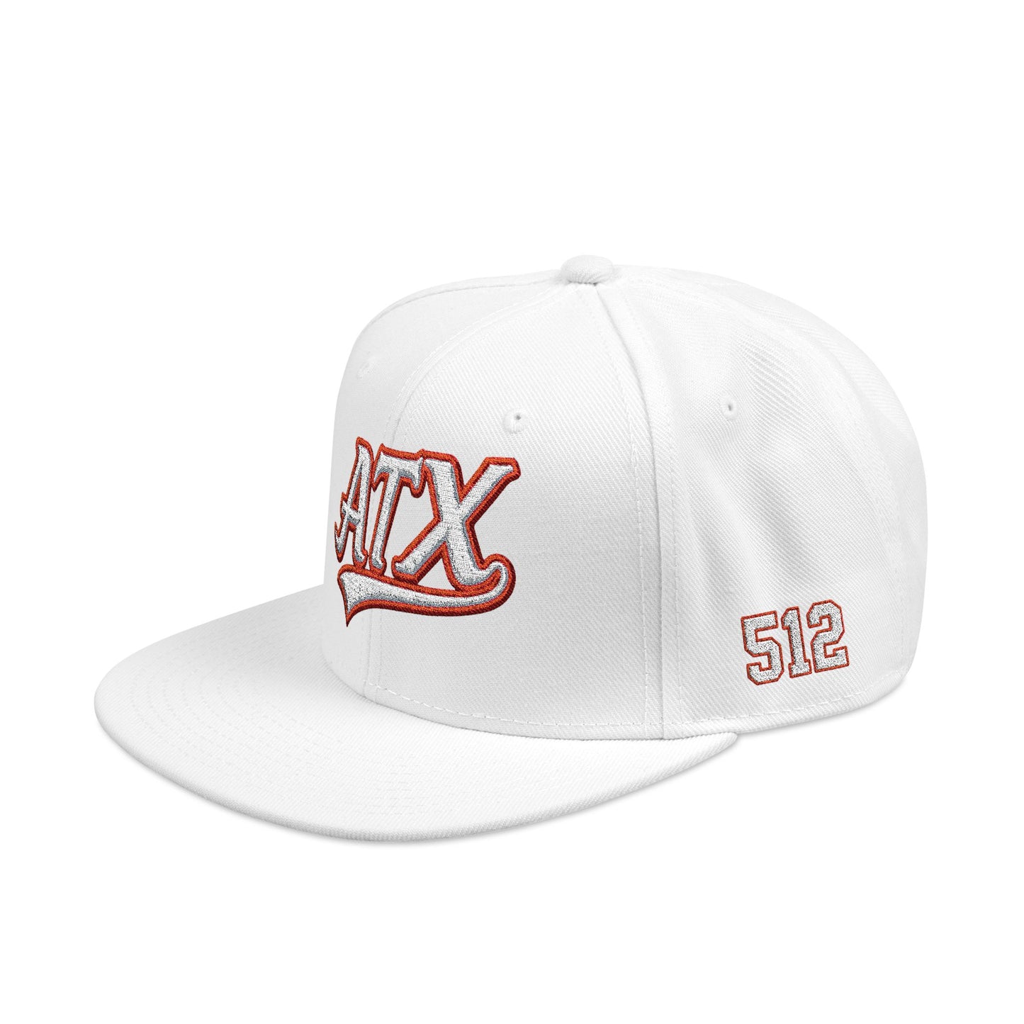 Embroidered Snapback Cap — 'ATX' White Script with 512 Side Stitch