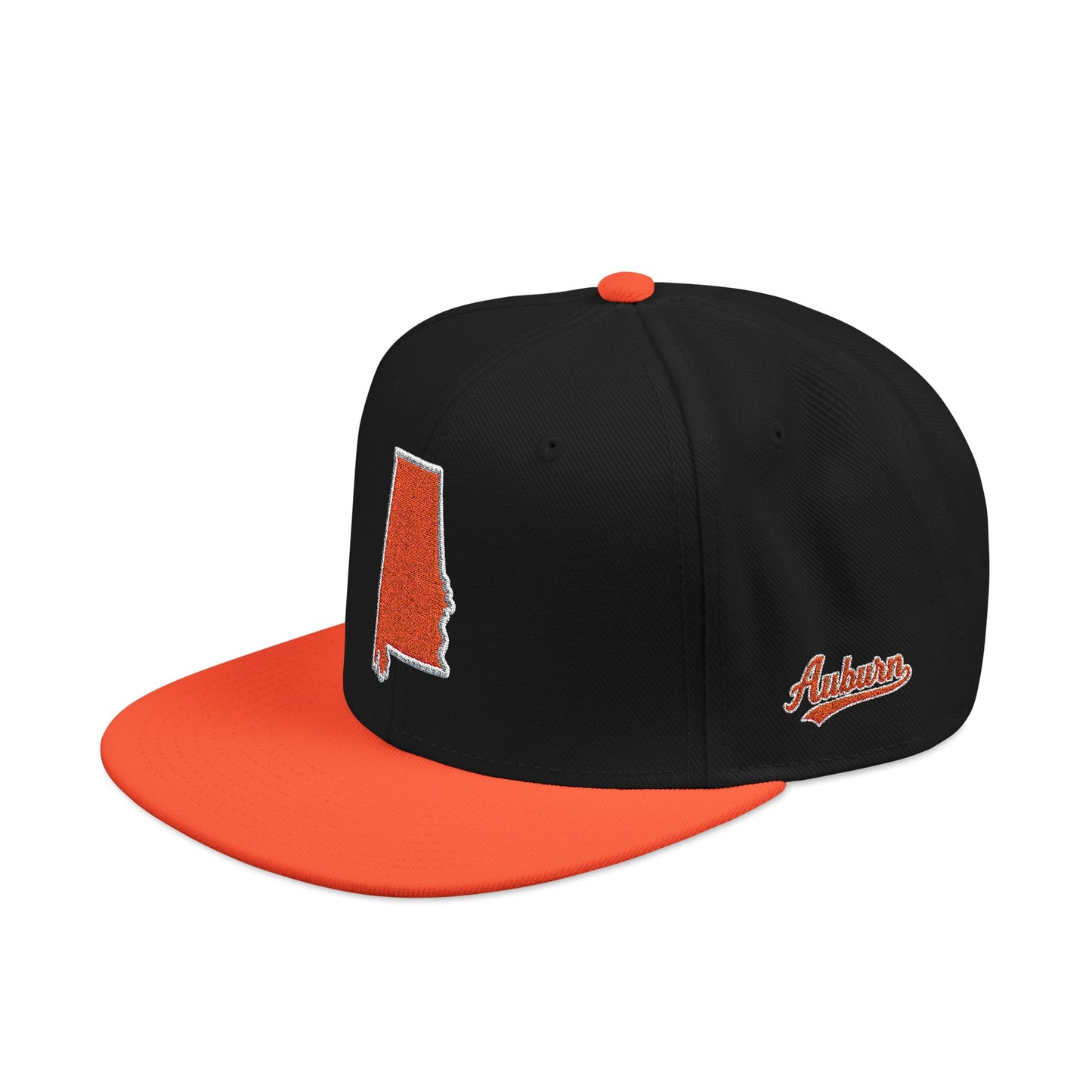 Black and orange cap with orange embroidered state of Alabama outline snapback — side view