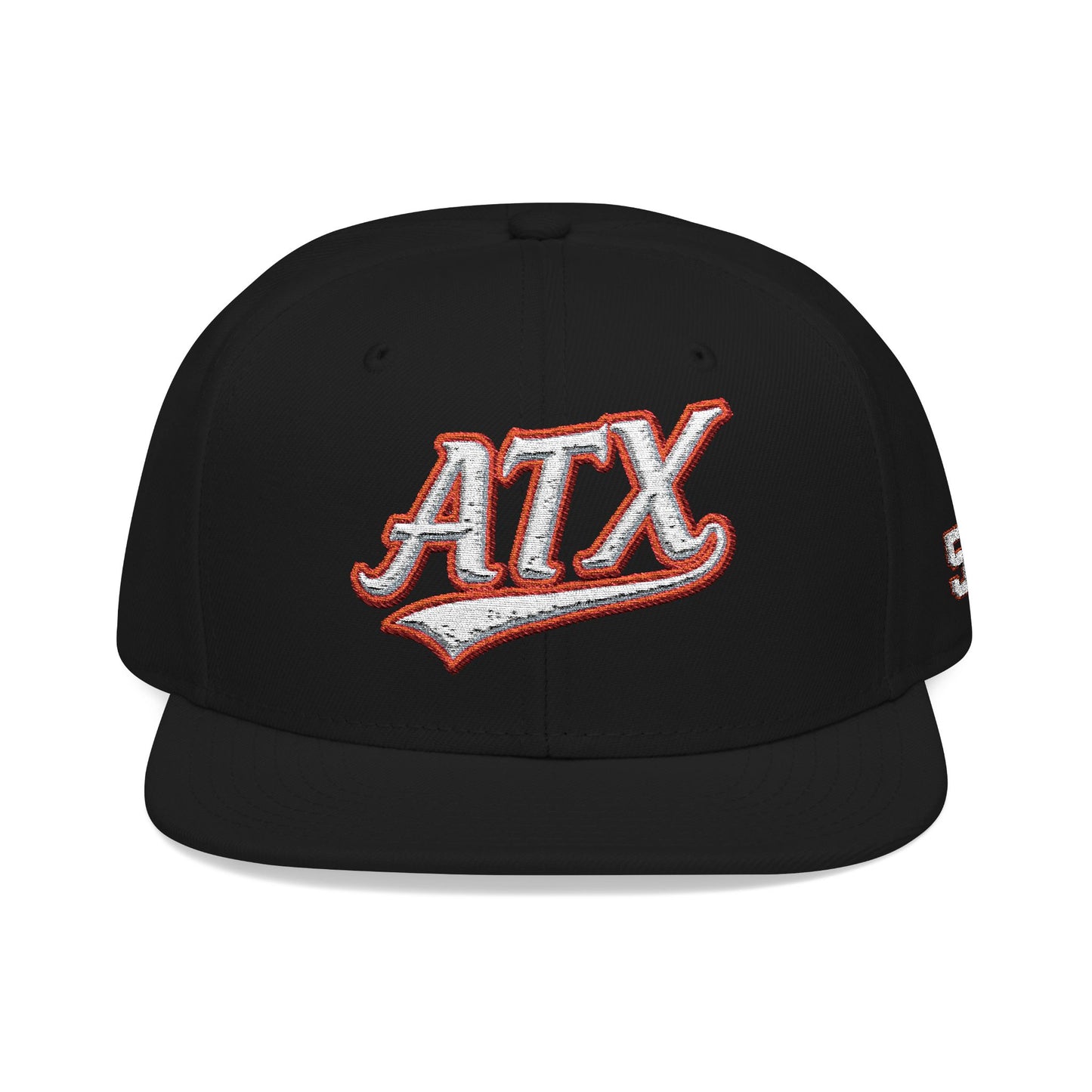 Embroidered Snapback Cap — 'ATX' White Script with 512 Side Stitch